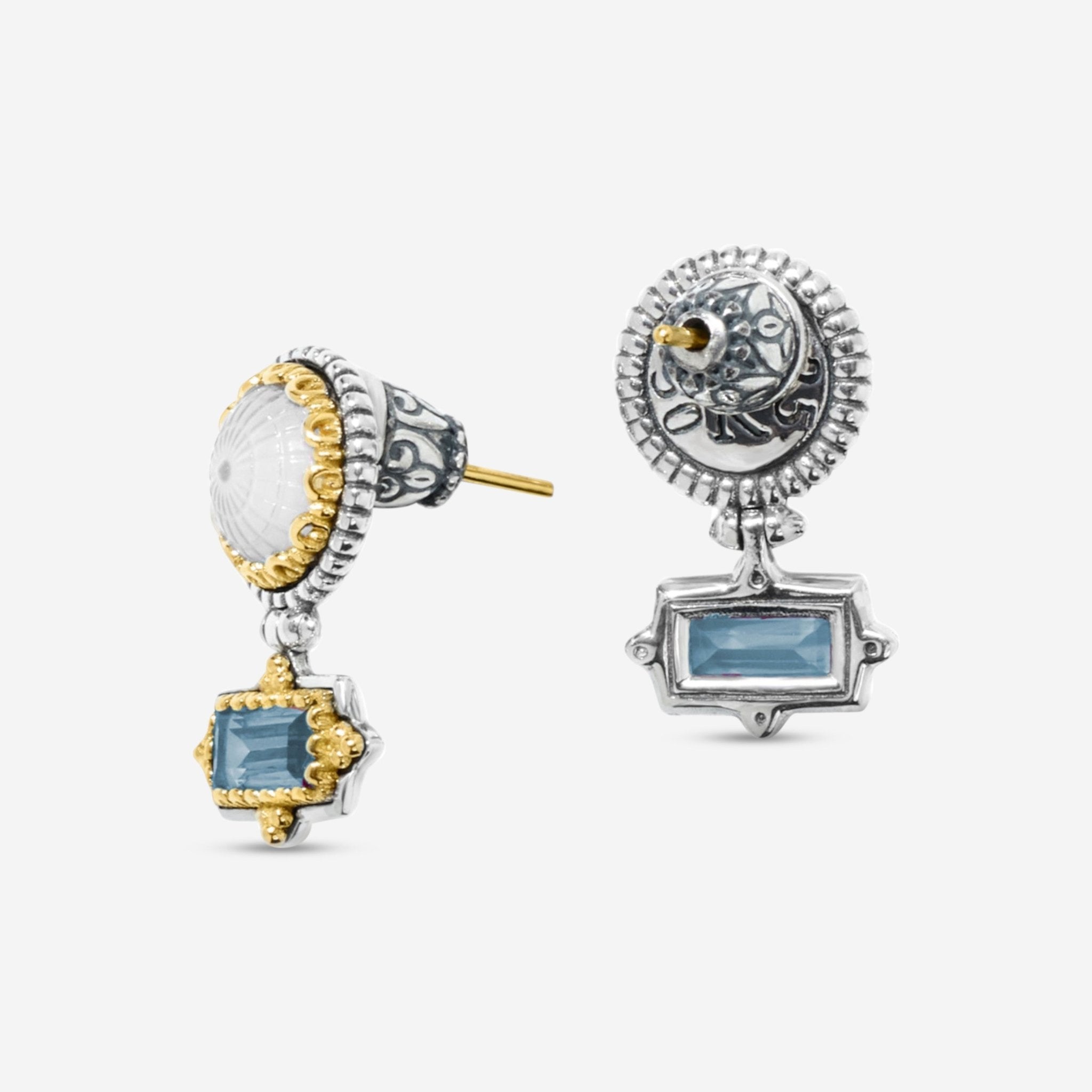 Konstantino Dome Sterling Silver & 18K Yellow Gold Mother of Pearl & Blue Spinel Earrings SKKJ702-630 — view 2