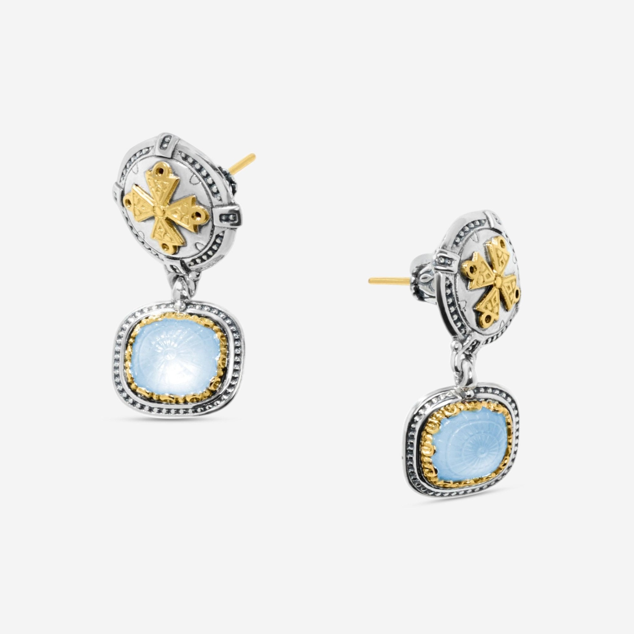 Konstantino Dome Sterling Silver & 18K Yellow Gold Mother of Pearl & Blue Spinel Earrings SKKJ703-628 — view 2