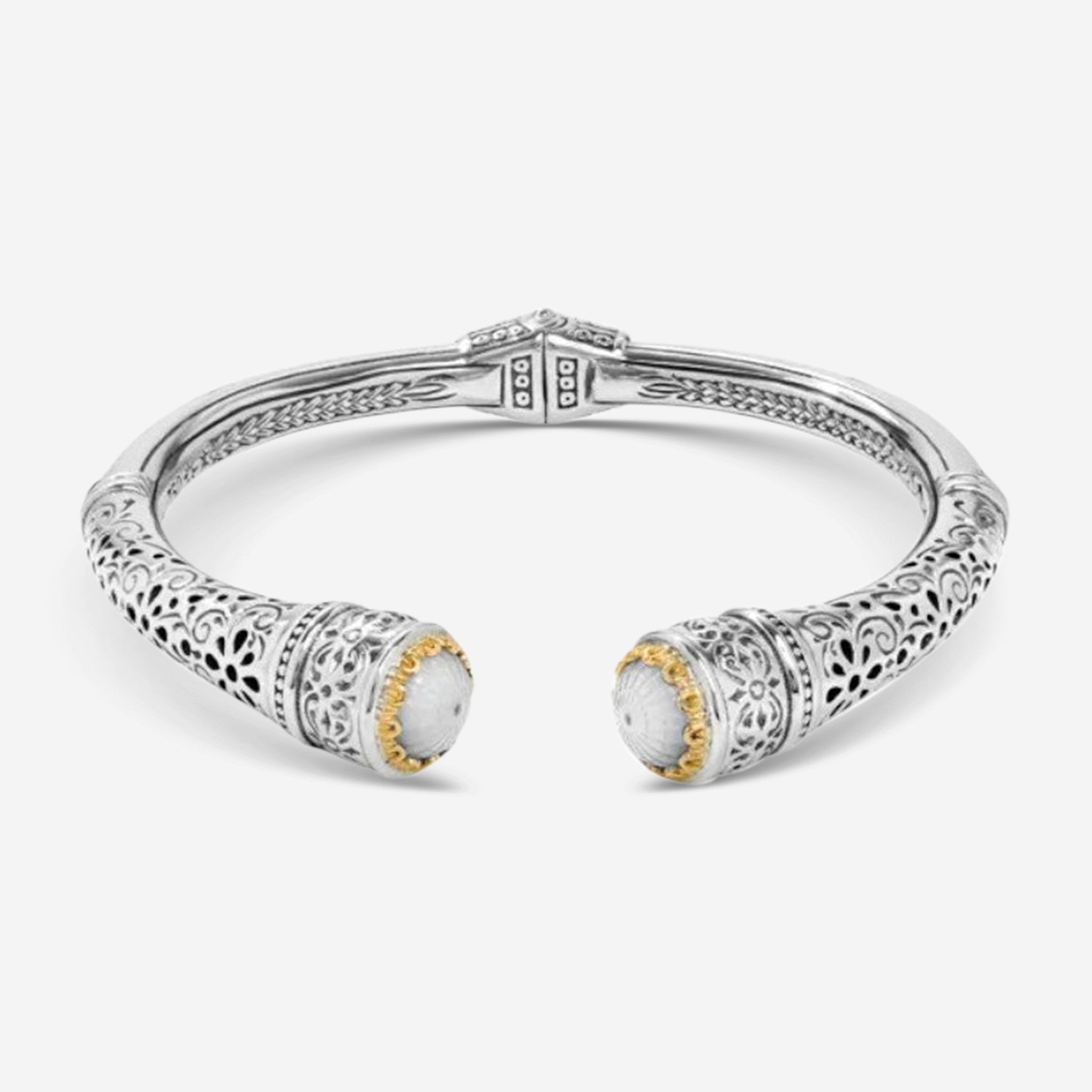 Konstantino Dome Sterling Silver and 18K Yellow Gold Mother of Pearl Doublet Etched Cuff Bracelet BKJ699-313