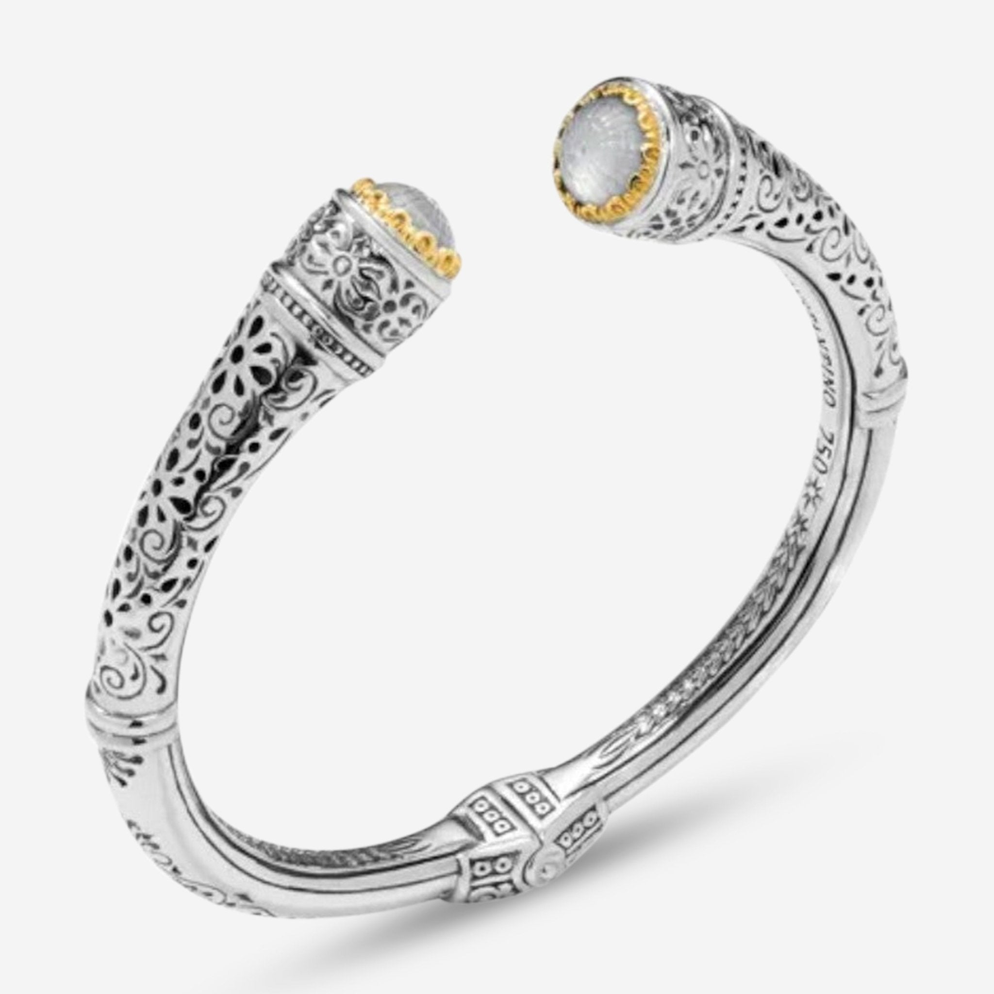 Konstantino Dome Sterling Silver and 18K Yellow Gold Mother of Pearl Doublet Etched Cuff Bracelet BKJ699-313 — view 2