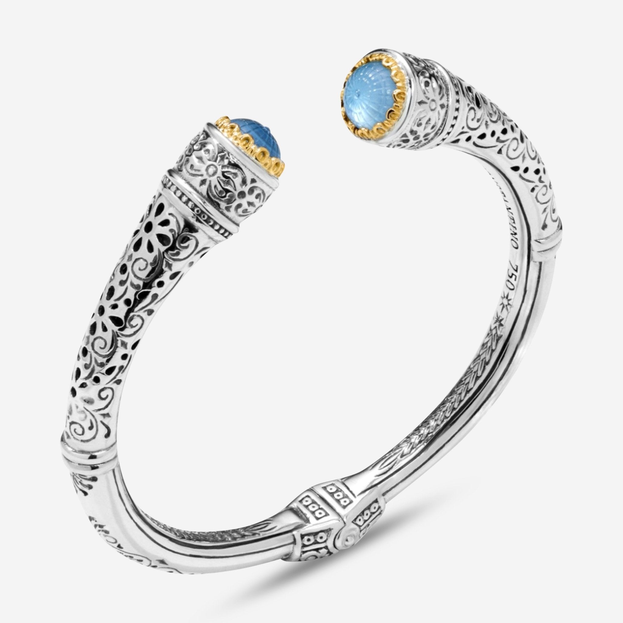 Konstantino Dome Sterling Silver & 18k Yellow Gold Mother of Pearl & Blue Spinel Cuff Bracelet BKJ699-628 — view 2