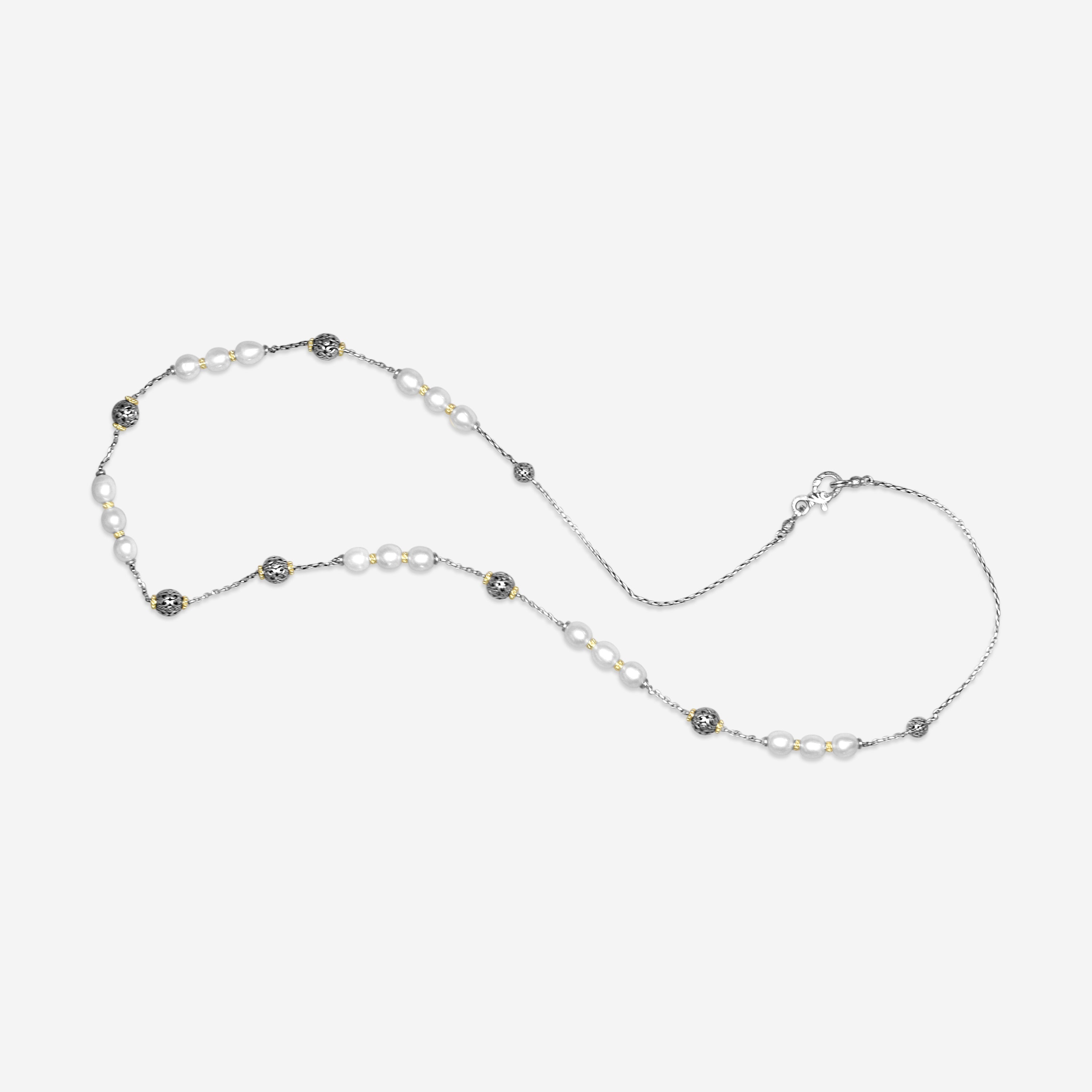 Konstantino Kleos Sterling Silver and 18K Yellow Gold, Pearl Station Necklace KOMK4767-122-33 — view 2