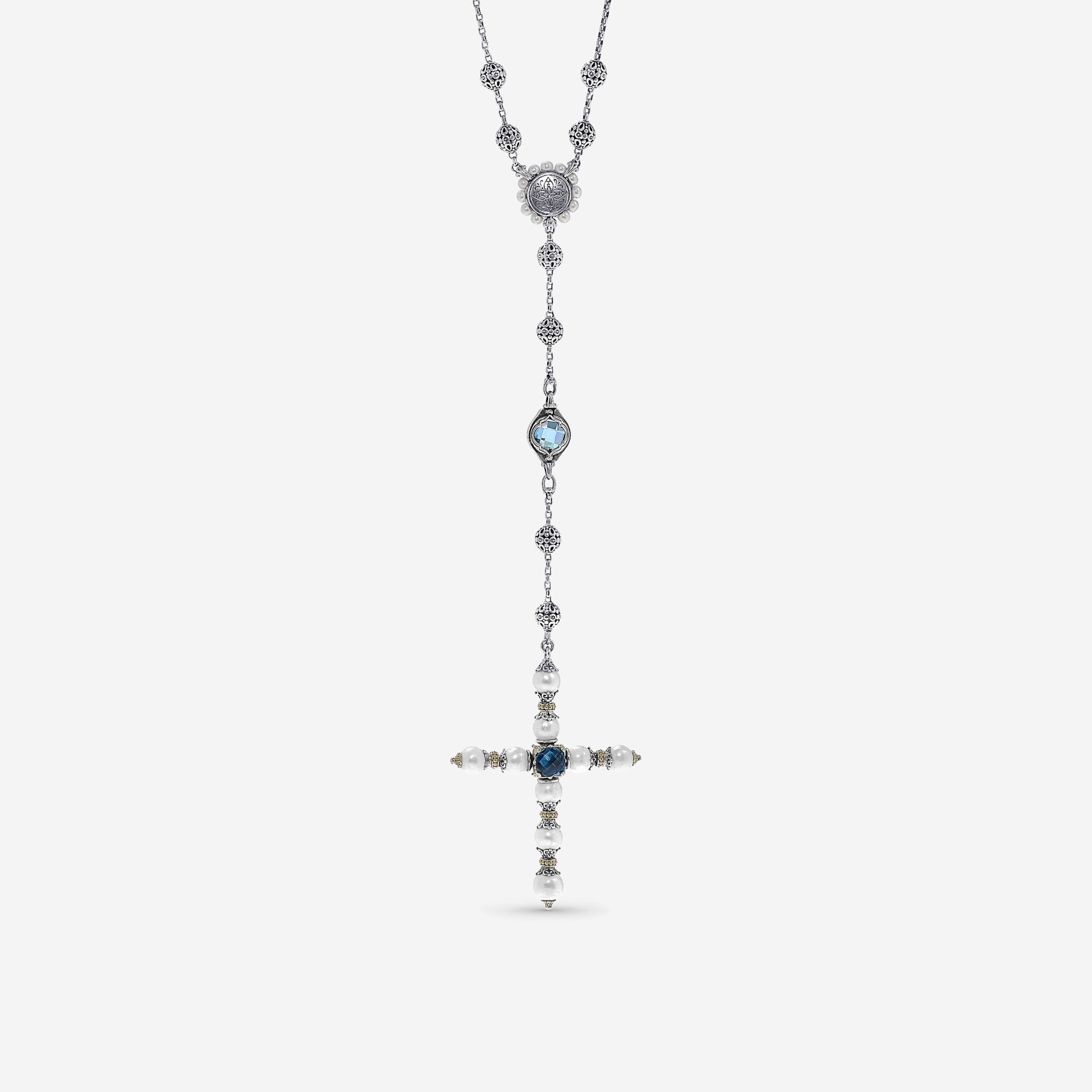 Konstantino Blue Topaz, Iolite and Pearl Cross Lariat Necklace KOMK4733-999-CUT