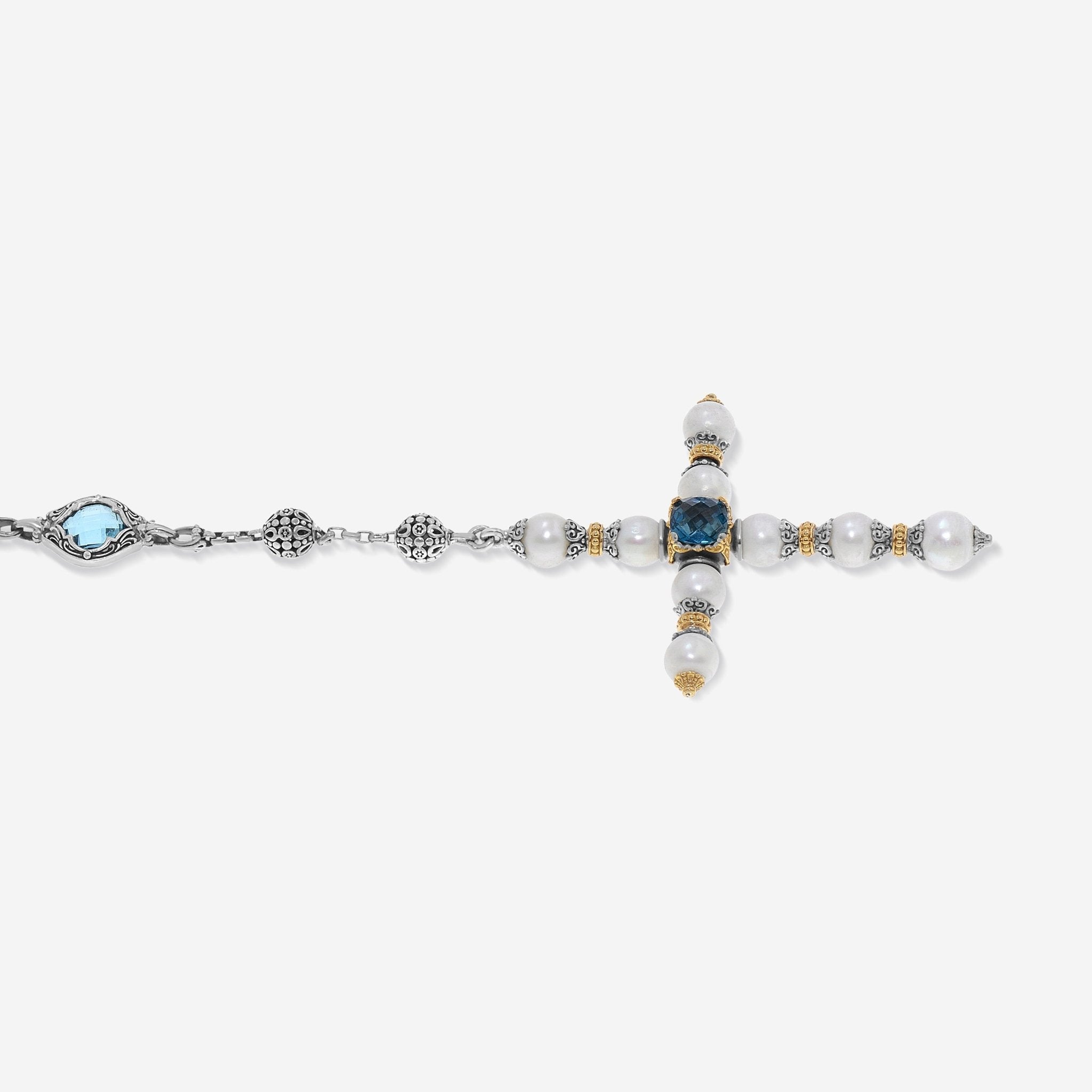 Konstantino Blue Topaz, Iolite and Pearl Cross Lariat Necklace KOMK4733-999-CUT — view 2