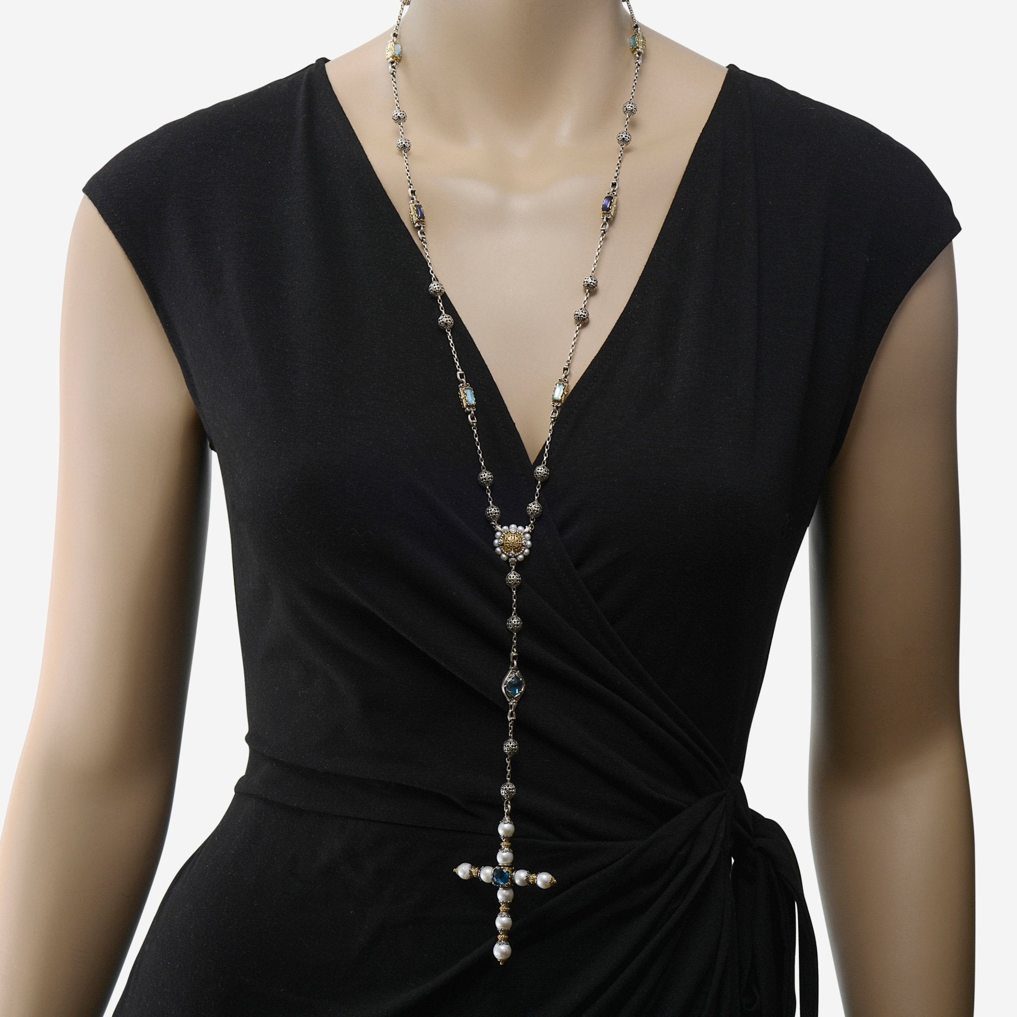 Konstantino Blue Topaz, Iolite and Pearl Cross Lariat Necklace KOMK4733-999-CUT — view 4