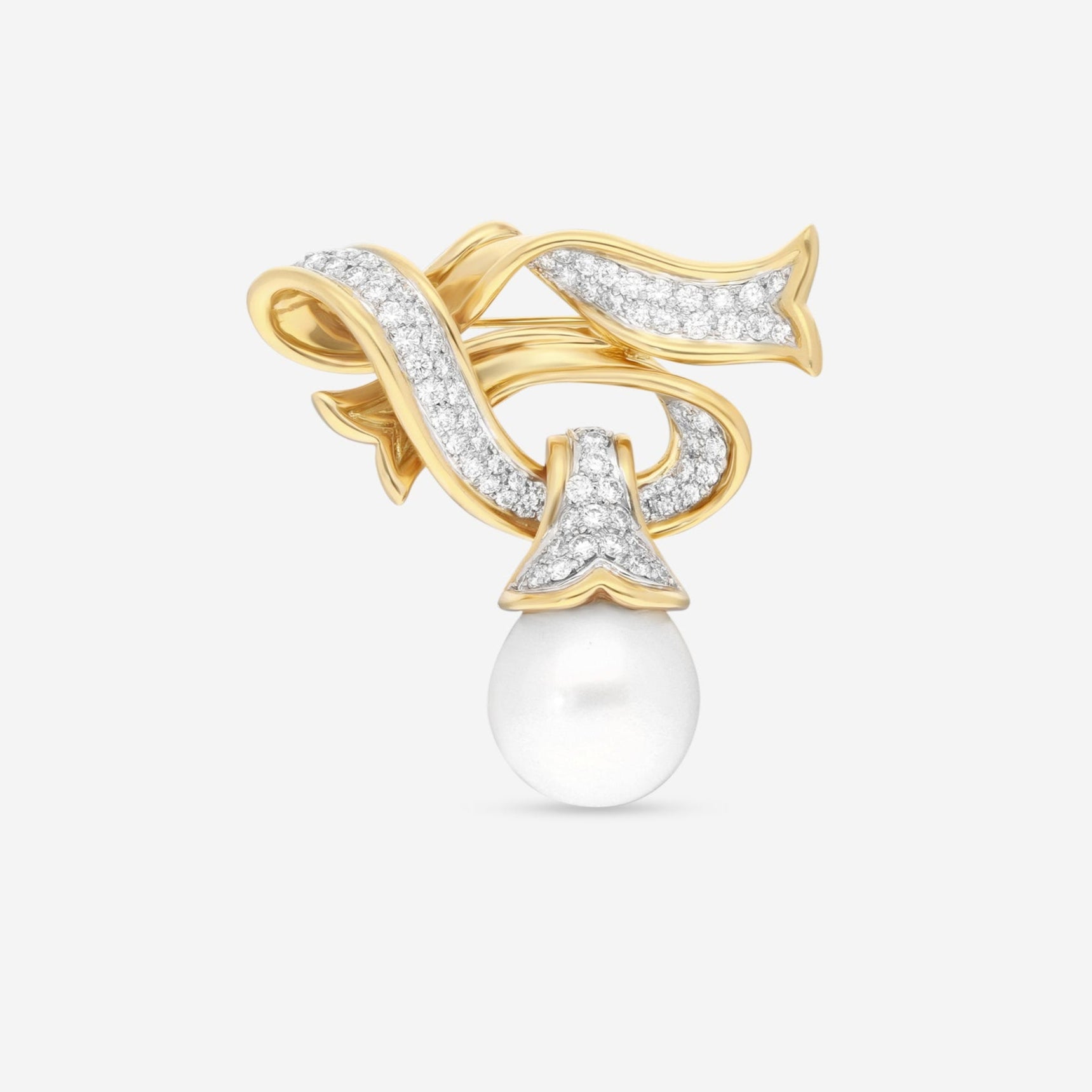 Assael 18K Yellow Gold Angela Cummings Single South Sea Cultured Pearl Ribbon Brooch ACP0031
