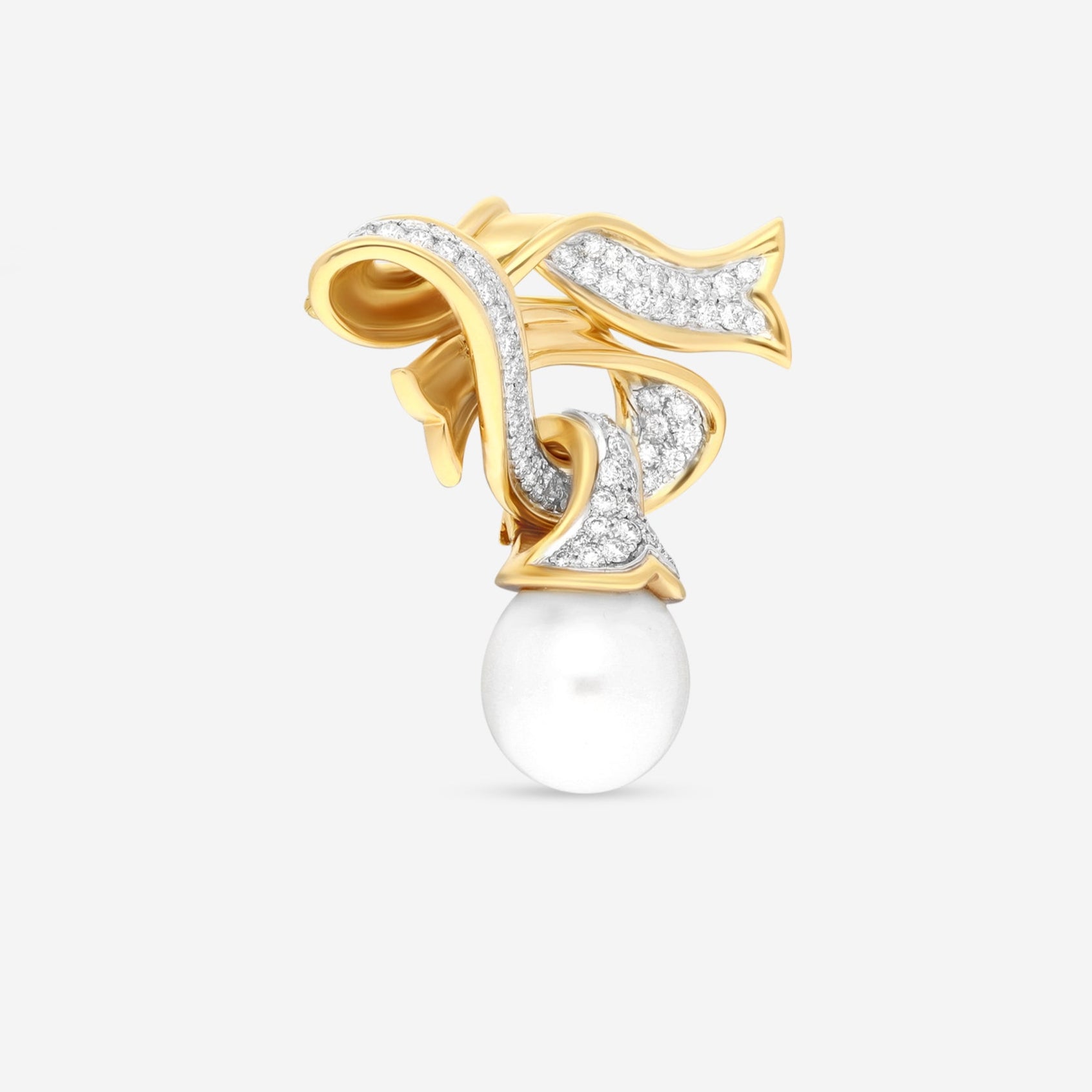 Assael 18K Yellow Gold Angela Cummings Single South Sea Cultured Pearl Ribbon Brooch ACP0031 — view 2