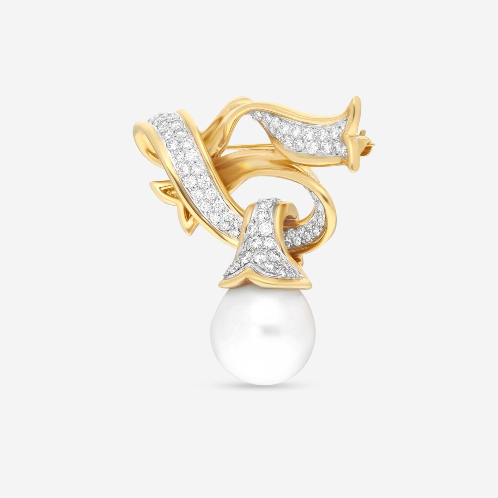 Assael 18K Yellow Gold Angela Cummings Single South Sea Cultured Pearl Ribbon Brooch ACP0031 — view 3