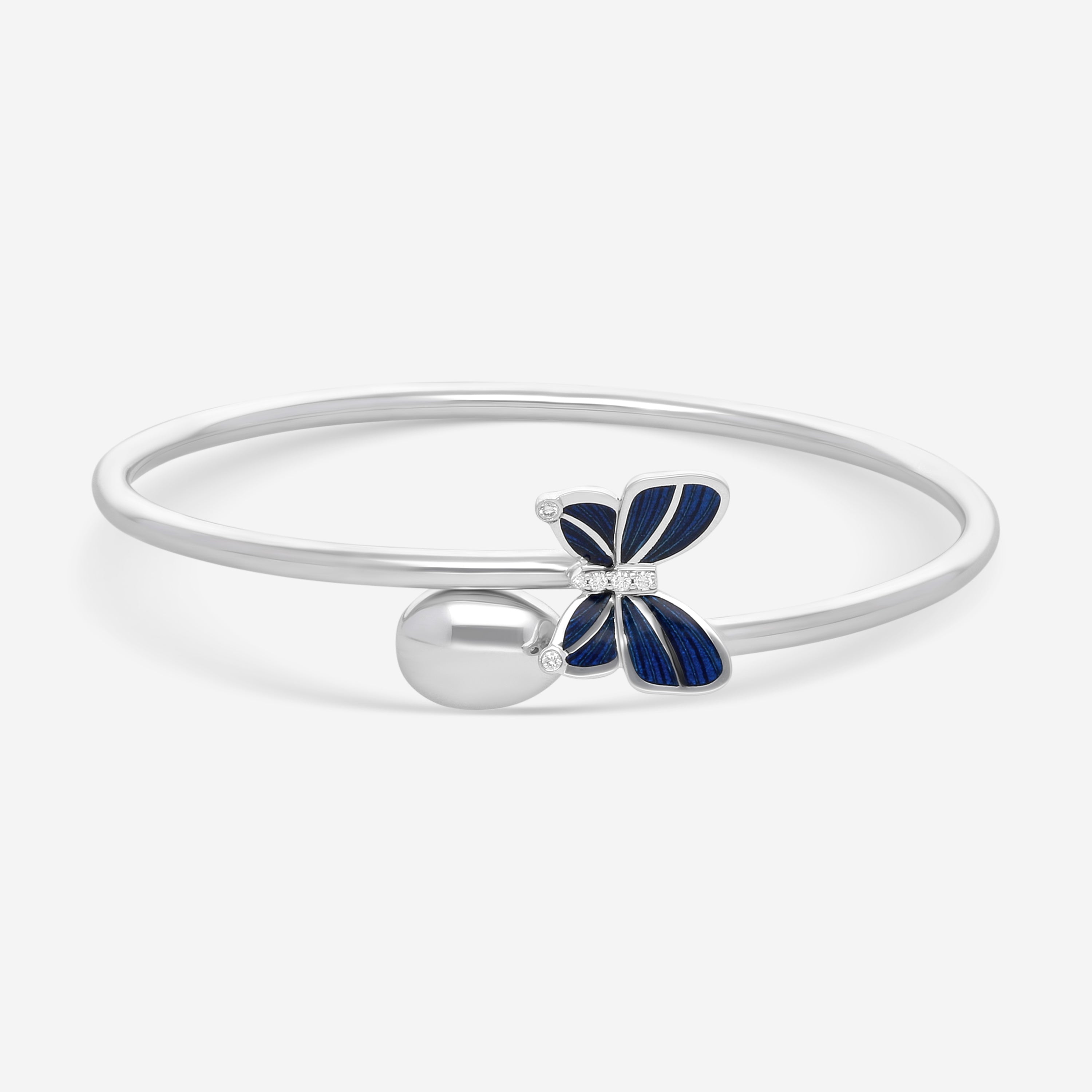 Fabergé 18K White Gold Blue Enamel Butterfly and Egg Cross Over Medium Size Bangle Bracelet 1824BT3128 — view 1