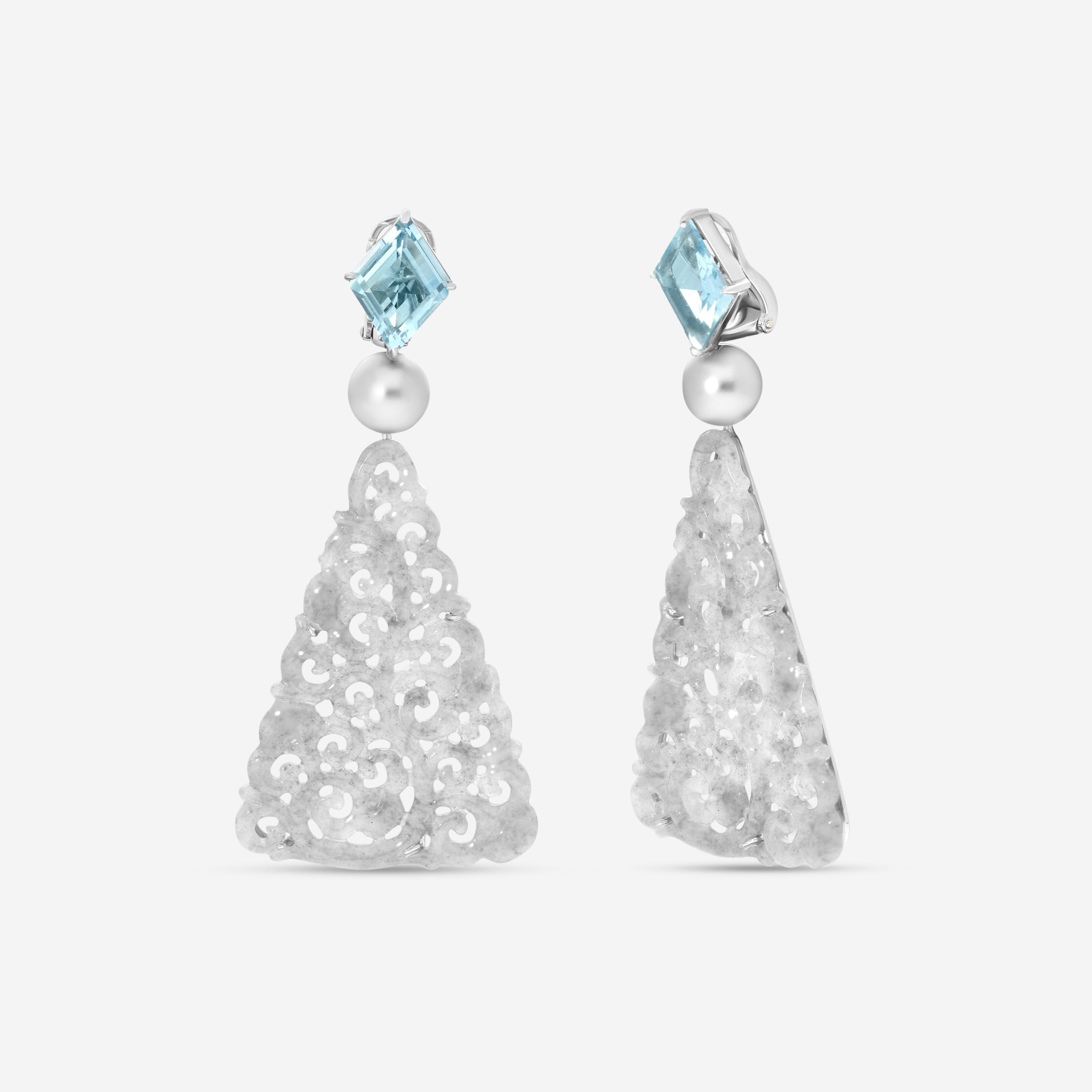 Assael Platinum Aquamarine, Grey Jadeite & Tahitian Natural Color Cultured Pearl Drop Earrings ECO-TJD00003