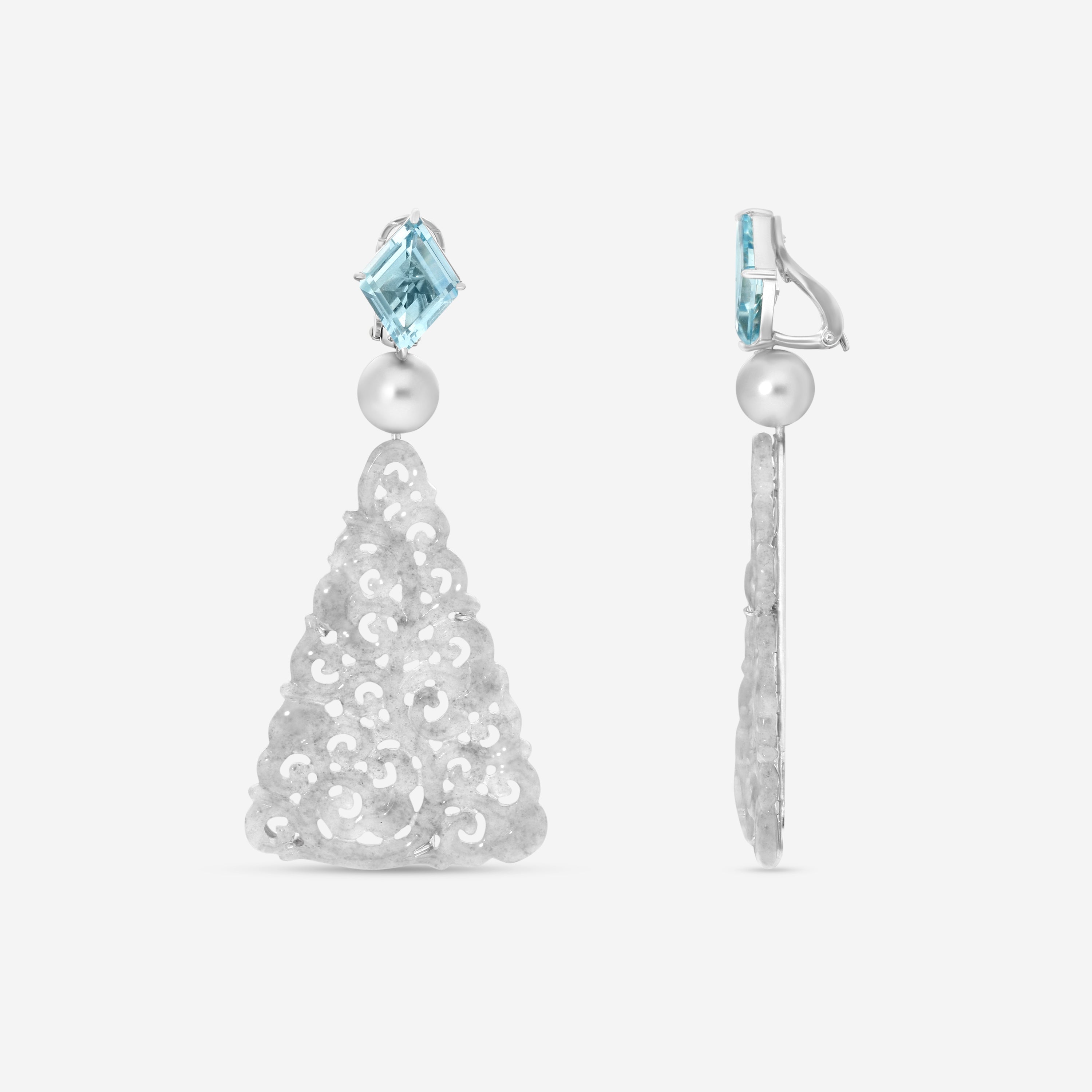 Assael Platinum Aquamarine, Grey Jadeite & Tahitian Natural Color Cultured Pearl Drop Earrings ECO-TJD00003 — view 3
