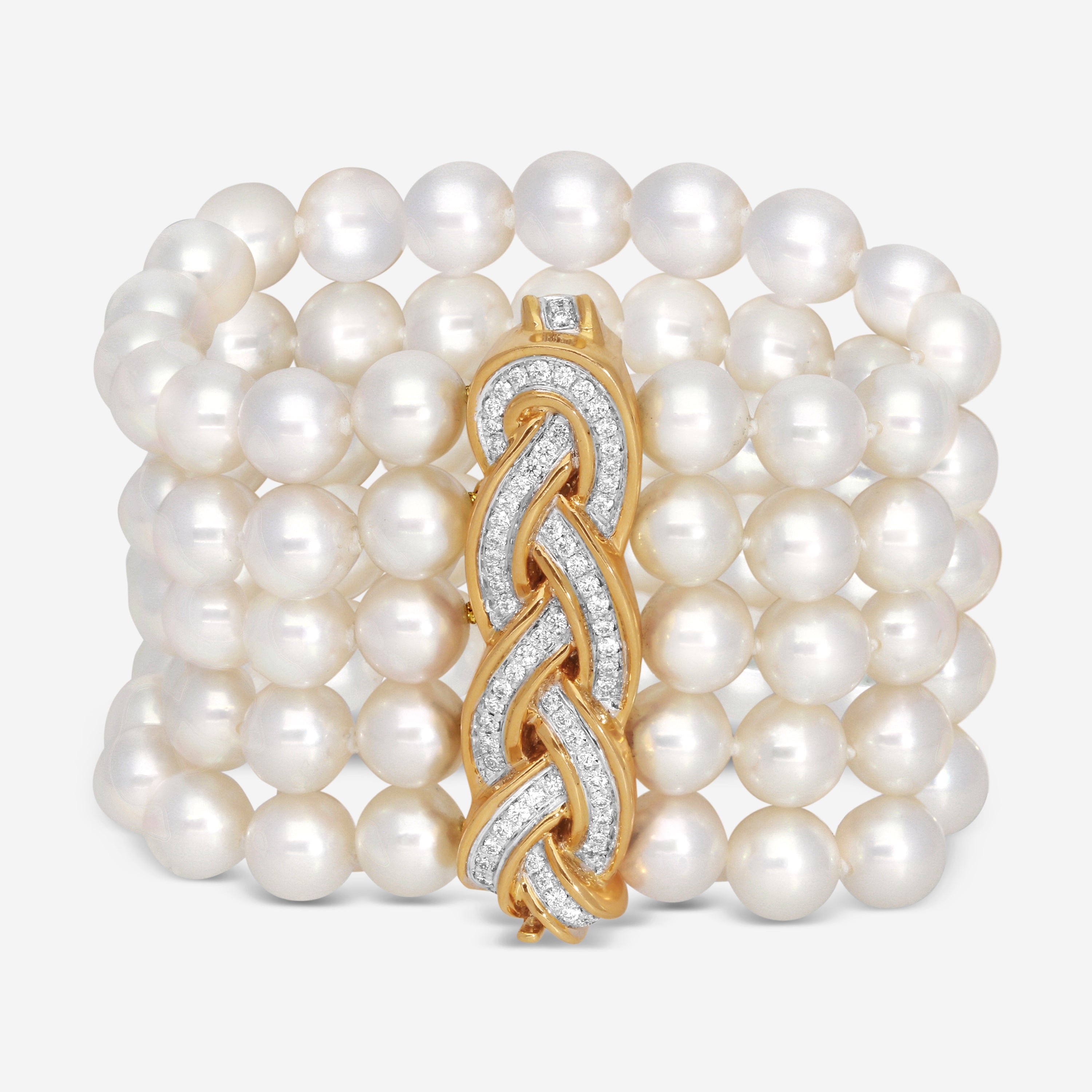 Assael 18K Yellow Gold Pave Woven Five Row Japanese Akoya Cultured Pearl Bracelet ACB0007