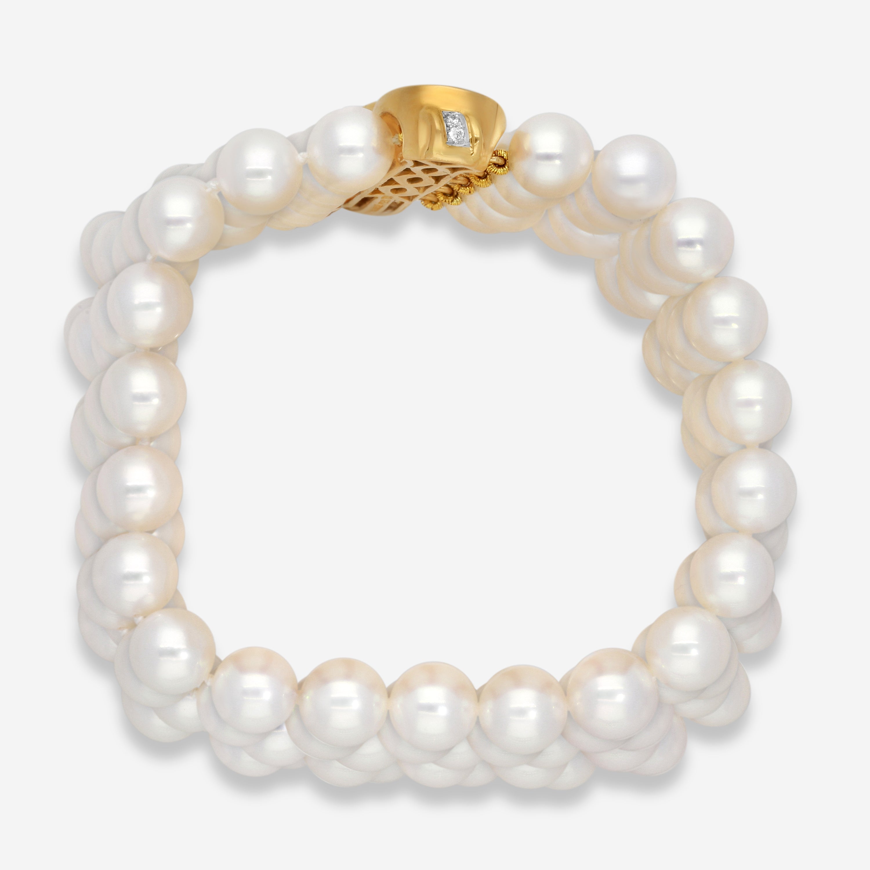 Assael 18K Yellow Gold Pave Woven Five Row Japanese Akoya Cultured Pearl Bracelet ACB0007 — view 2