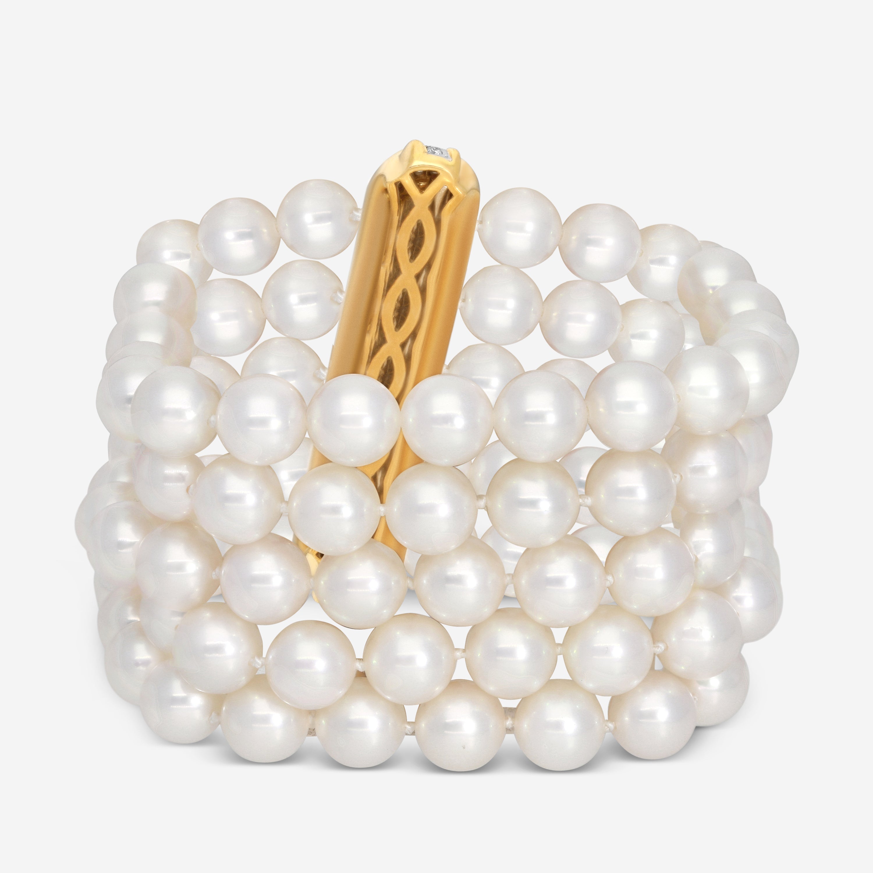 Assael 18K Yellow Gold Pave Woven Five Row Japanese Akoya Cultured Pearl Bracelet ACB0007 — view 3