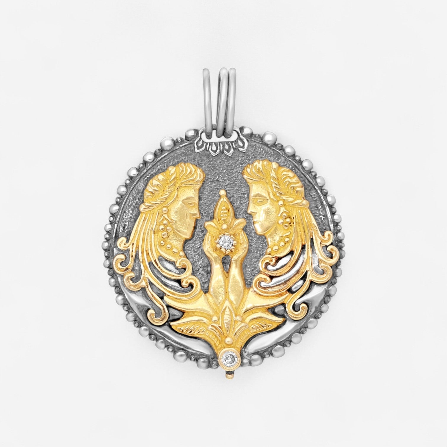 Konstantino Zodiac Gemini Sterling Silver & 18K Yellow Gold Diamond Carved Pendant MEKJ625-109 — view 2