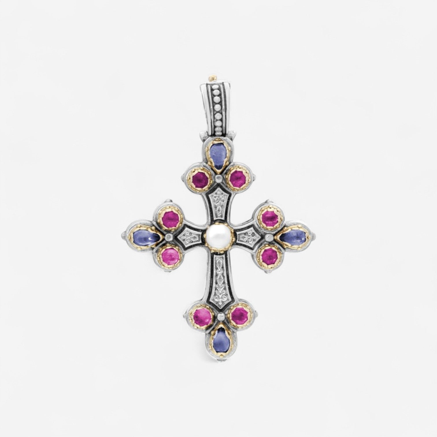 Konstantino Sterling Silver & 18K Yellow Gold Multistone Cross Pendant STMK6899-999-CAB — view 2