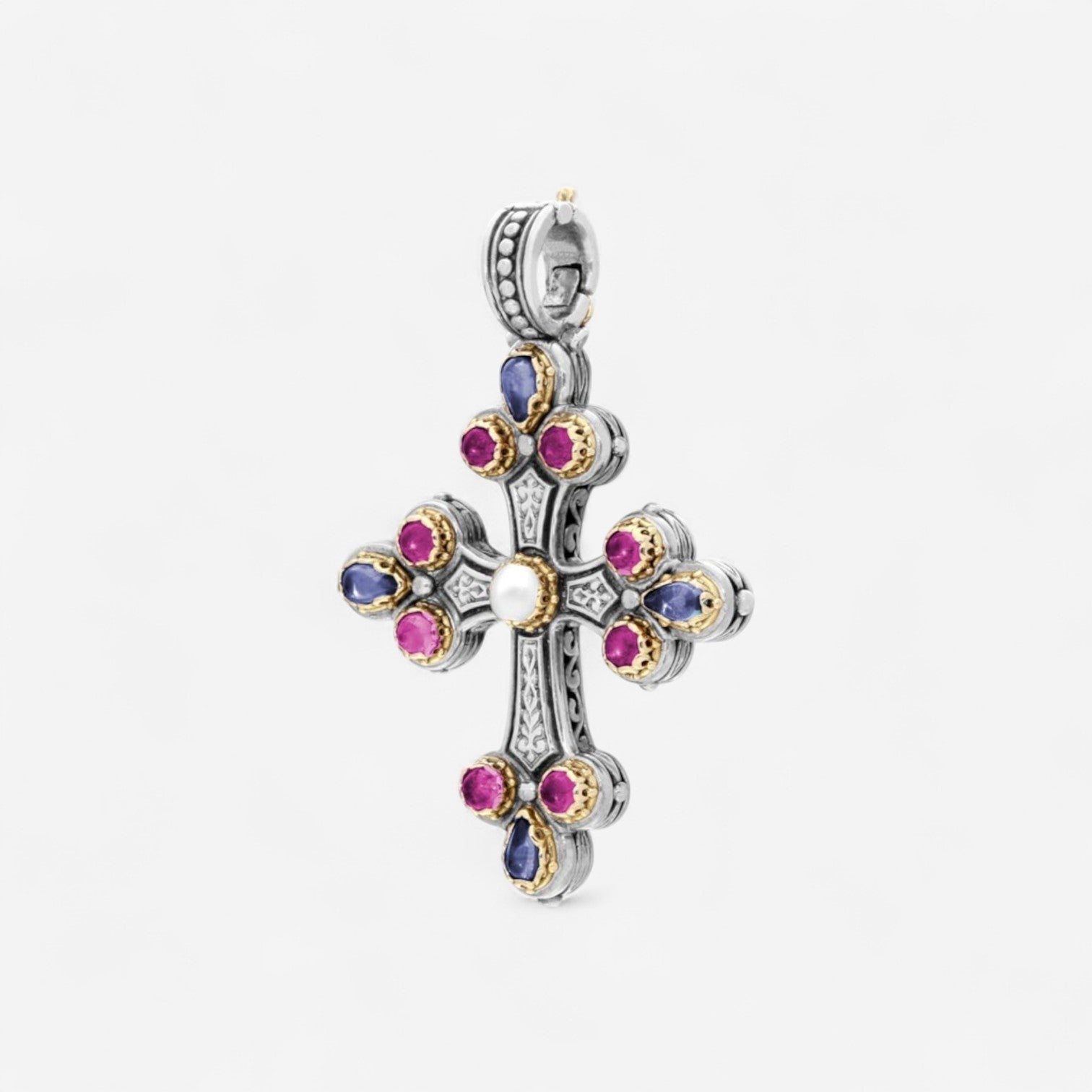Konstantino Sterling Silver & 18K Yellow Gold Multistone Cross Pendant STMK6899-999-CAB — view 3