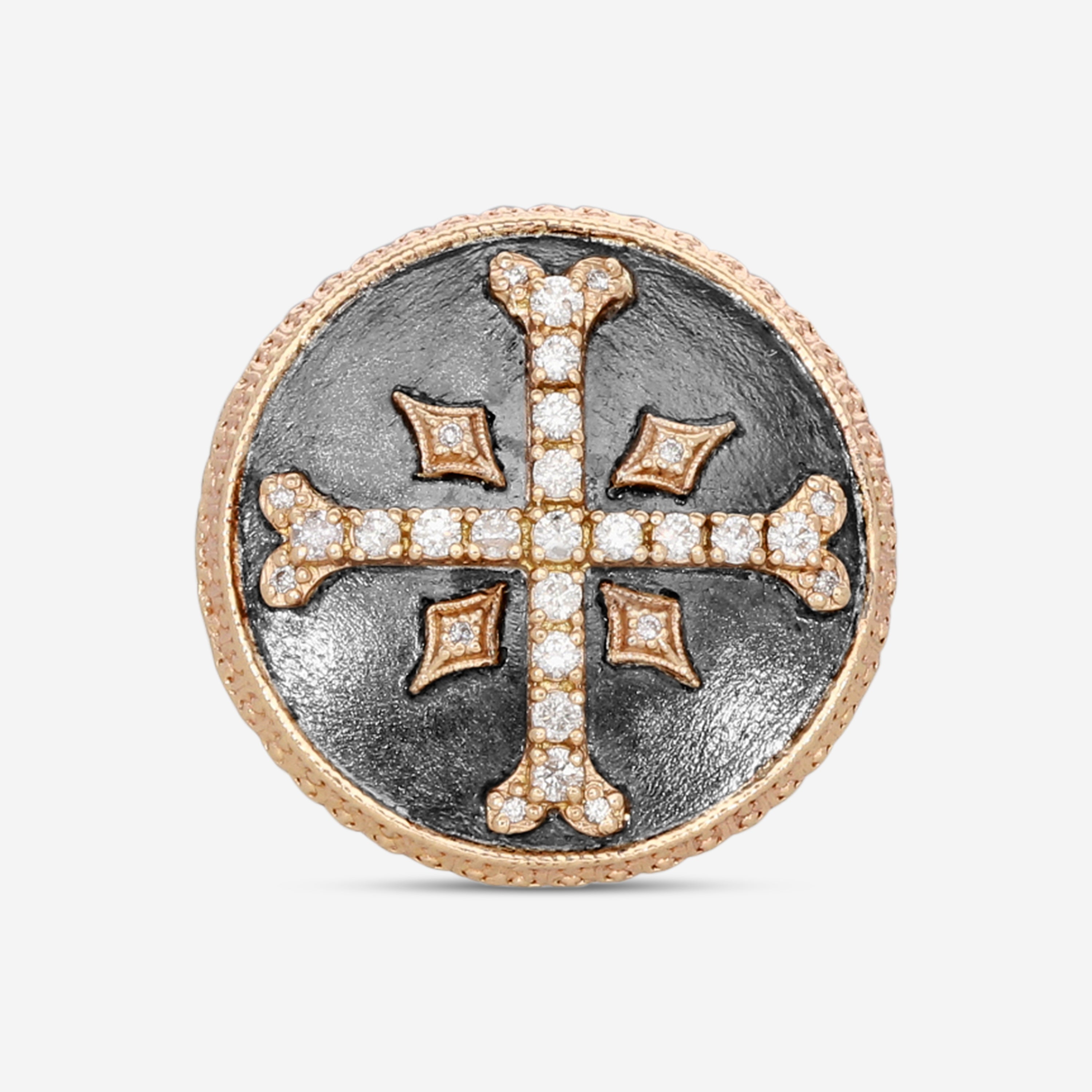 Armenta Men's 14K Rose Gold & Grey Sterling Silver Diamond Cross Statement Ring Sz. 9 20646-1