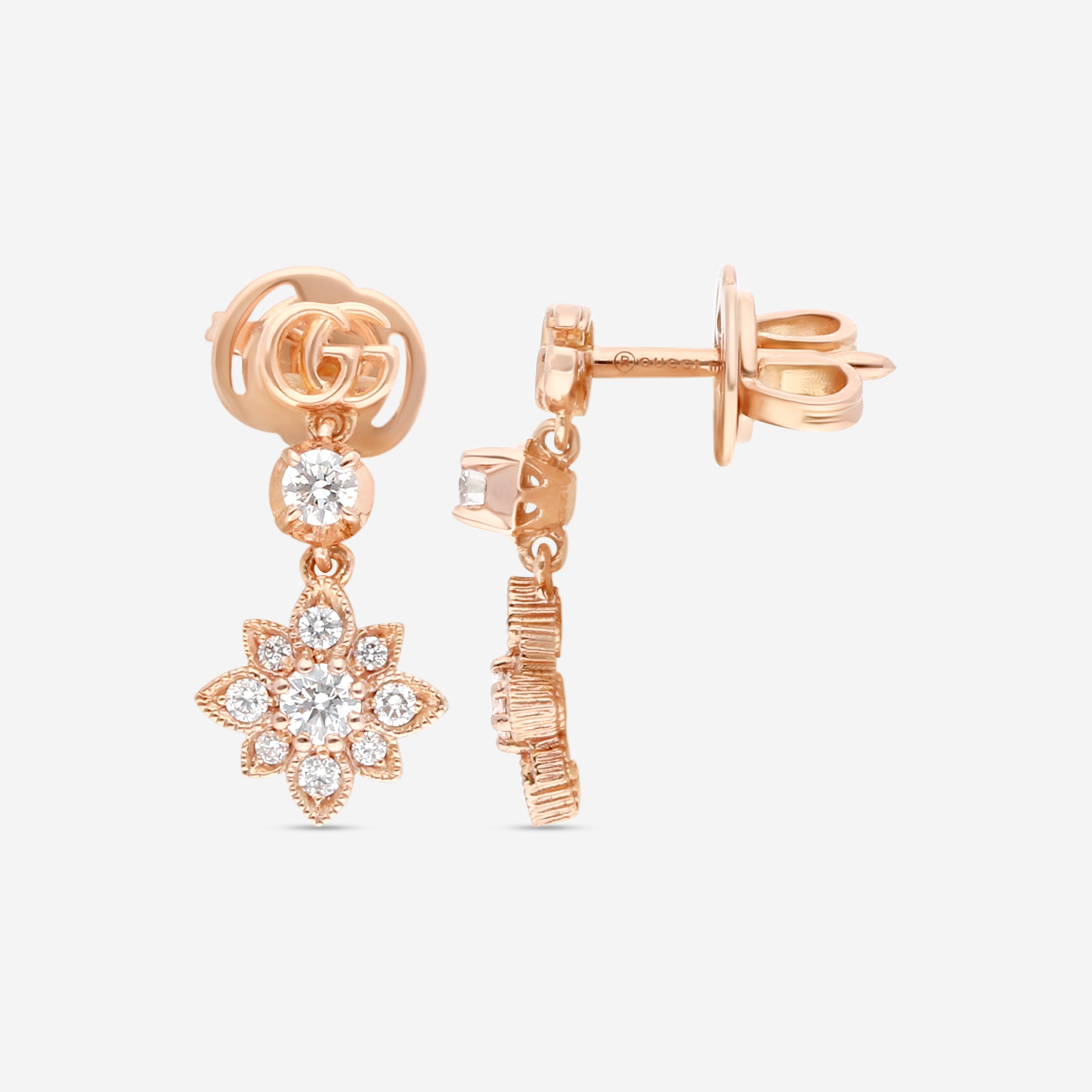 Gucci Flora 18K Rose Gold Diamond Drop Earrings YBD70269100100U — view 3