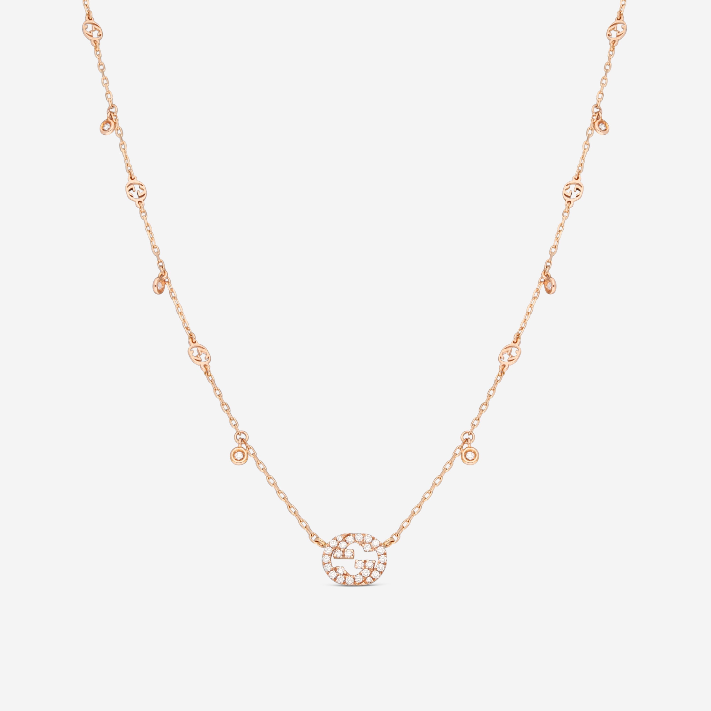 Gucci Interlocking G 18K Rose Gold Diamond Pendant Necklace YBB72940200100U
