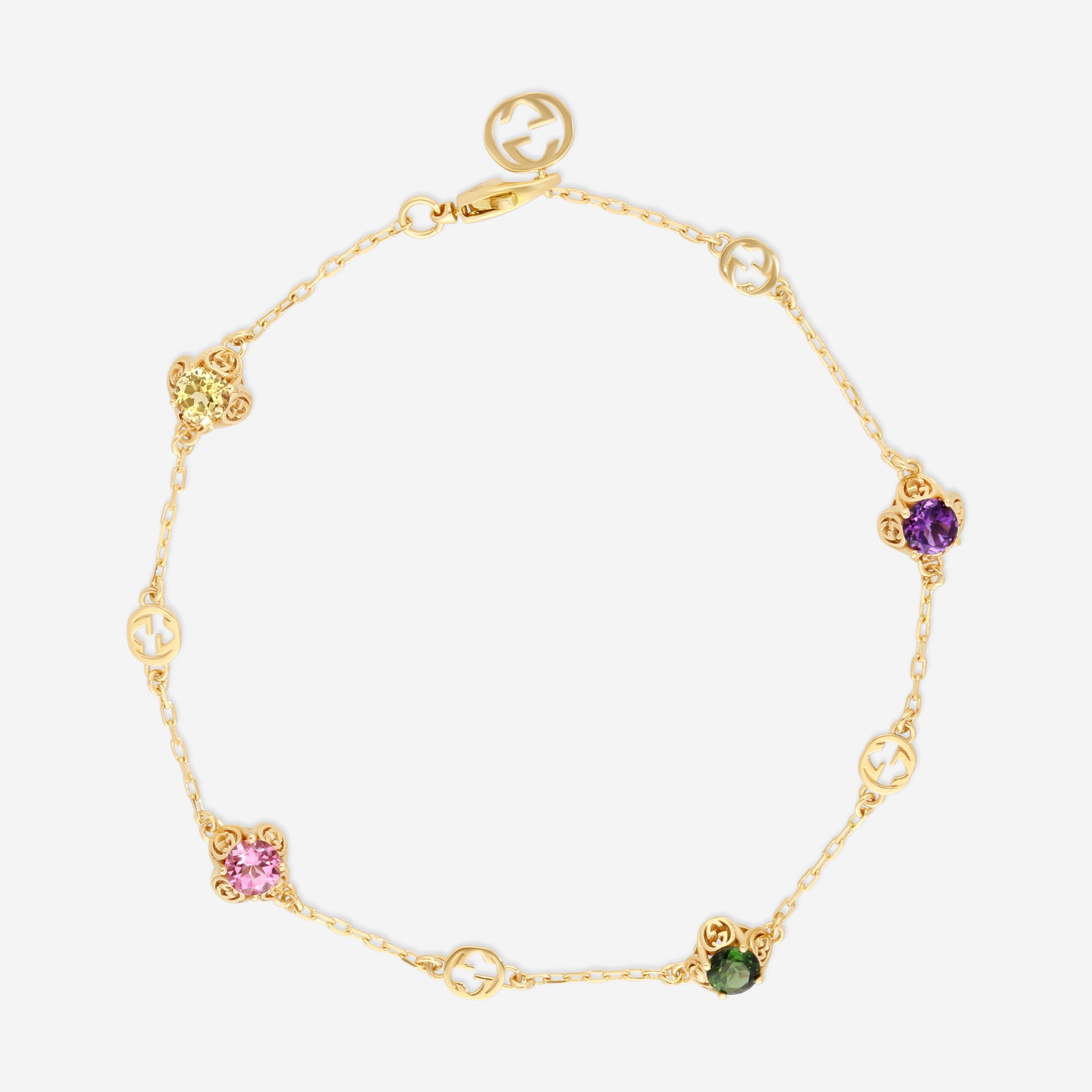 Gucci Interlocking G Motif 18K Yellow Gold Multistone Chain Bracelet YBA662430001016