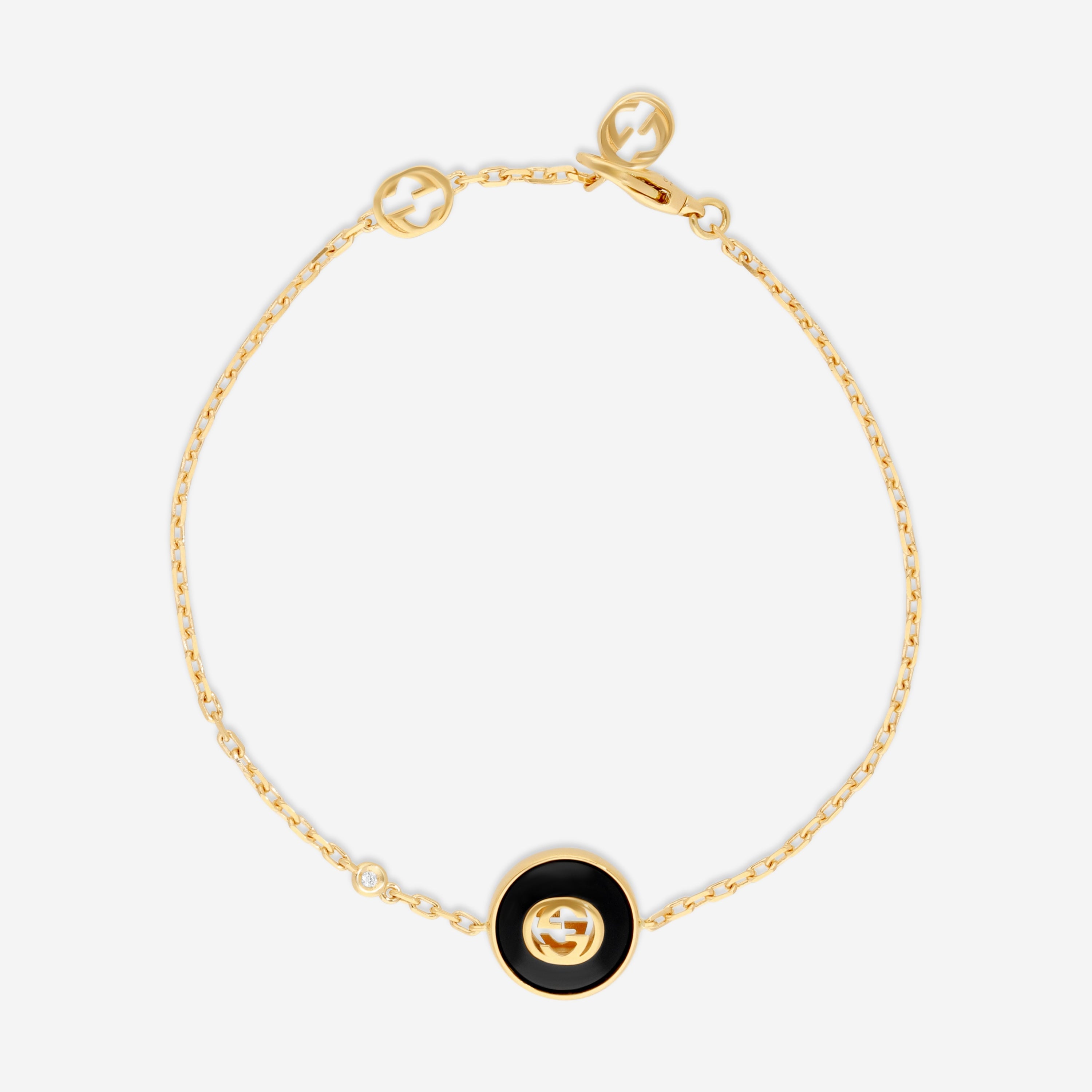 Gucci 18K Yellow Gold Onyx & Diamond Interlocking Chain Bracelet YBA786556001016