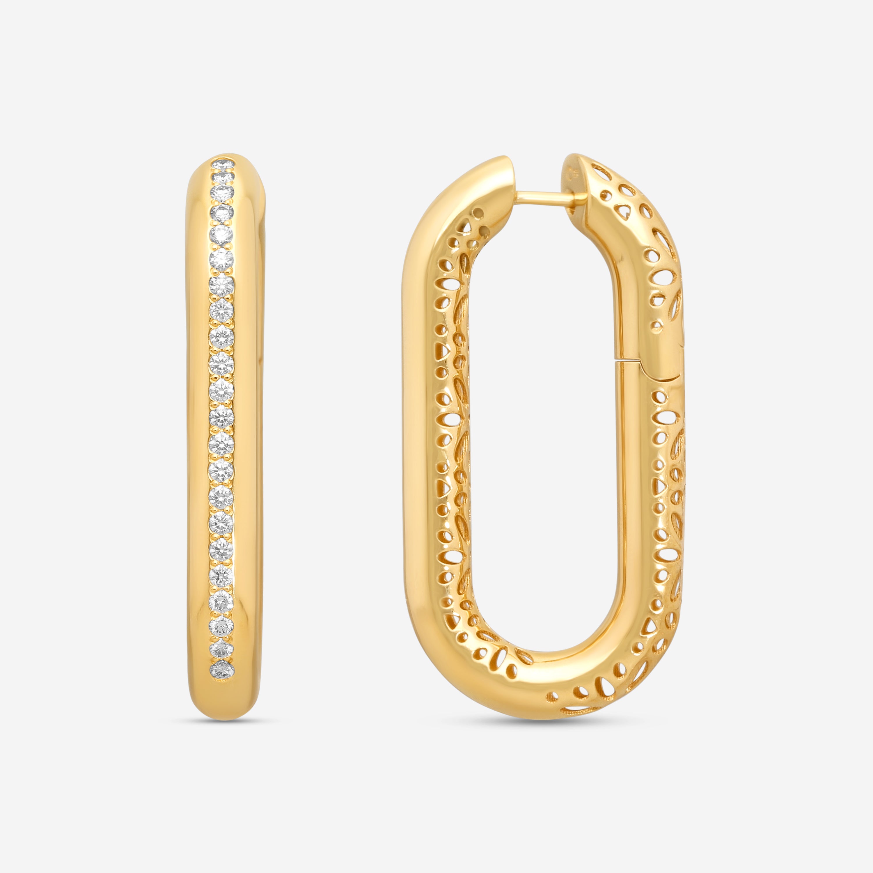 Crivelli 18K Yellow Gold Diamond Oval Pave Elongated Hoop Earrings E0298E — view 3