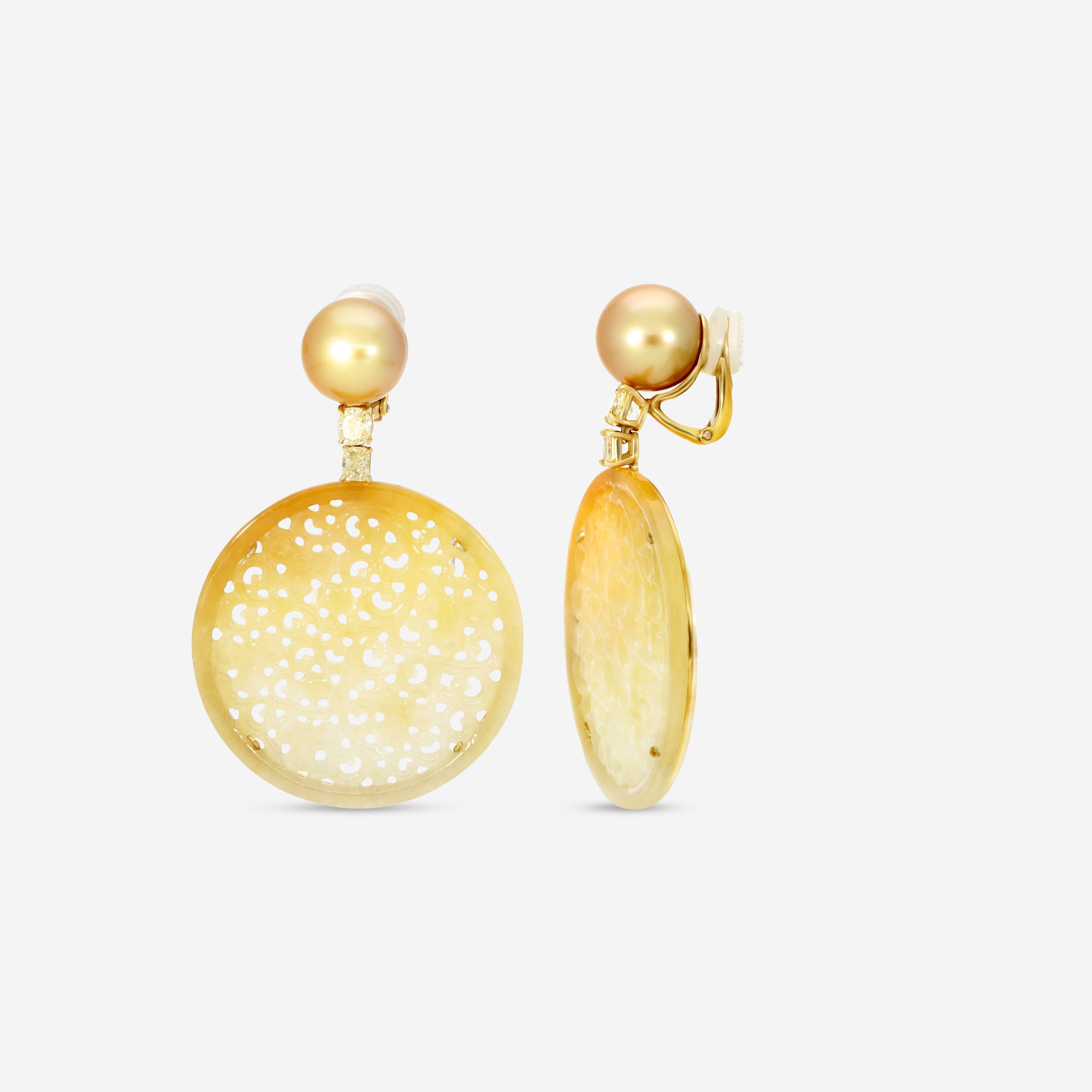 Assael 18K Yellow Gold Fancy Yellow Diamond & Golden South Sea Cultured Pearl Jadeite Earrings ECO-GJD — view 4