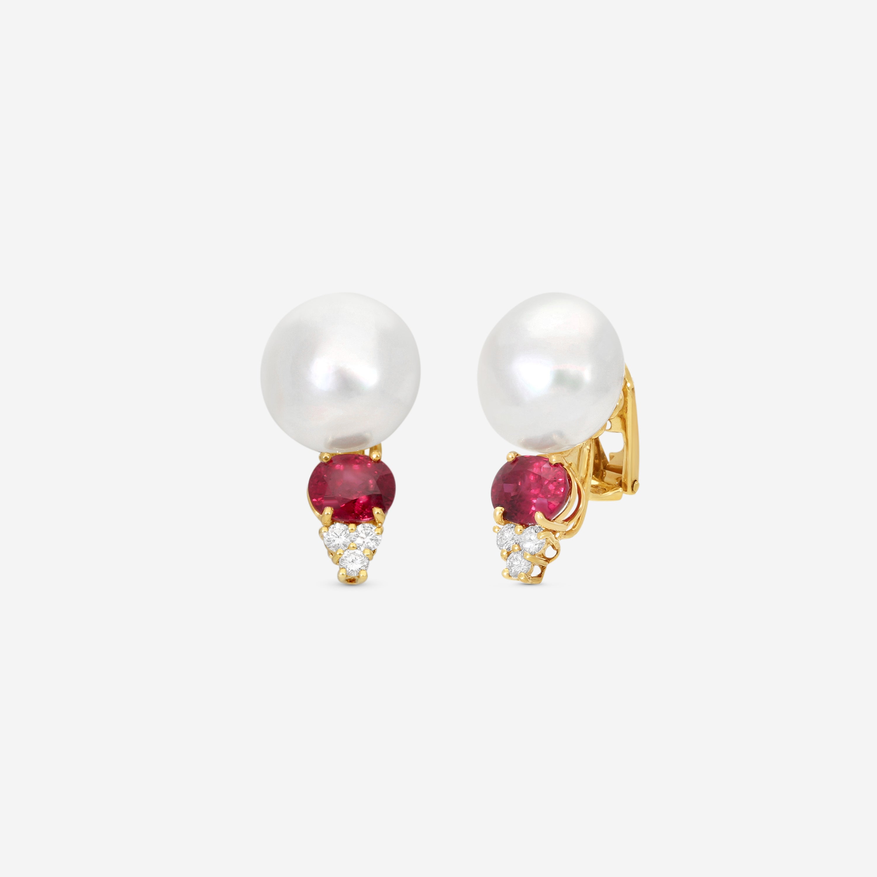 Assael 18K Yellow Gold Diamond, Ruby & Pearl Earrings E5919 — view 2
