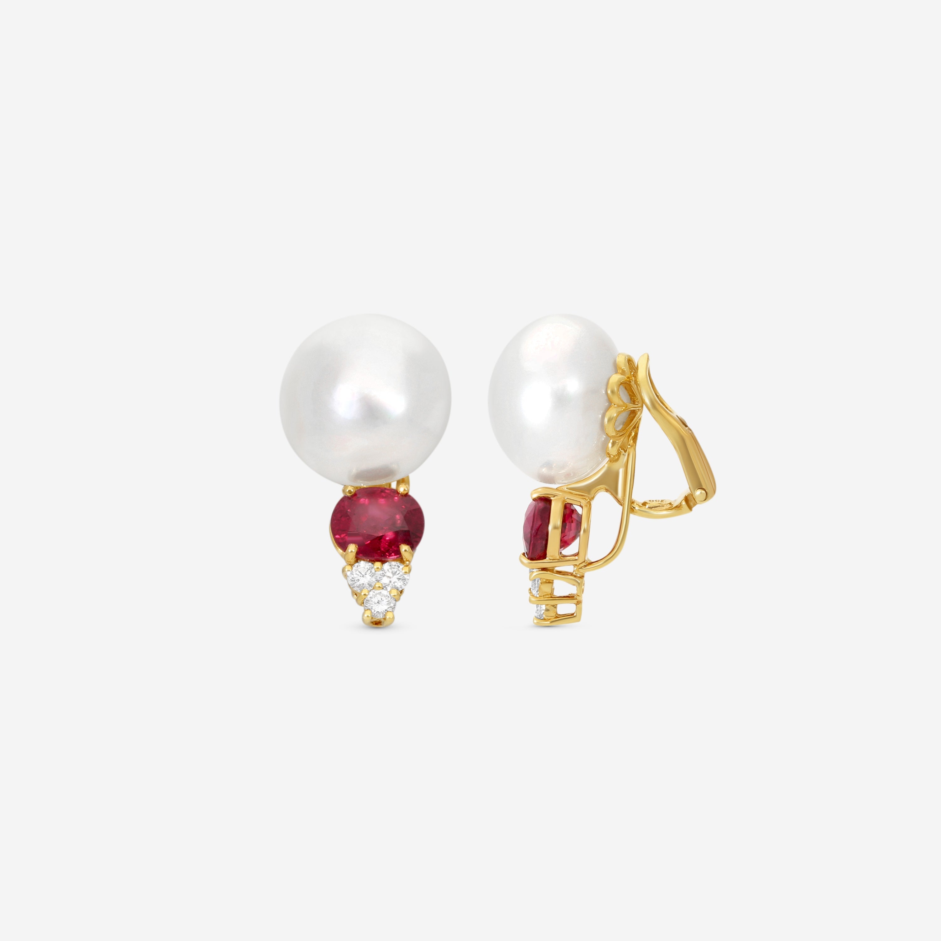 Assael 18K Yellow Gold Diamond, Ruby & Pearl Earrings E5919 — view 3