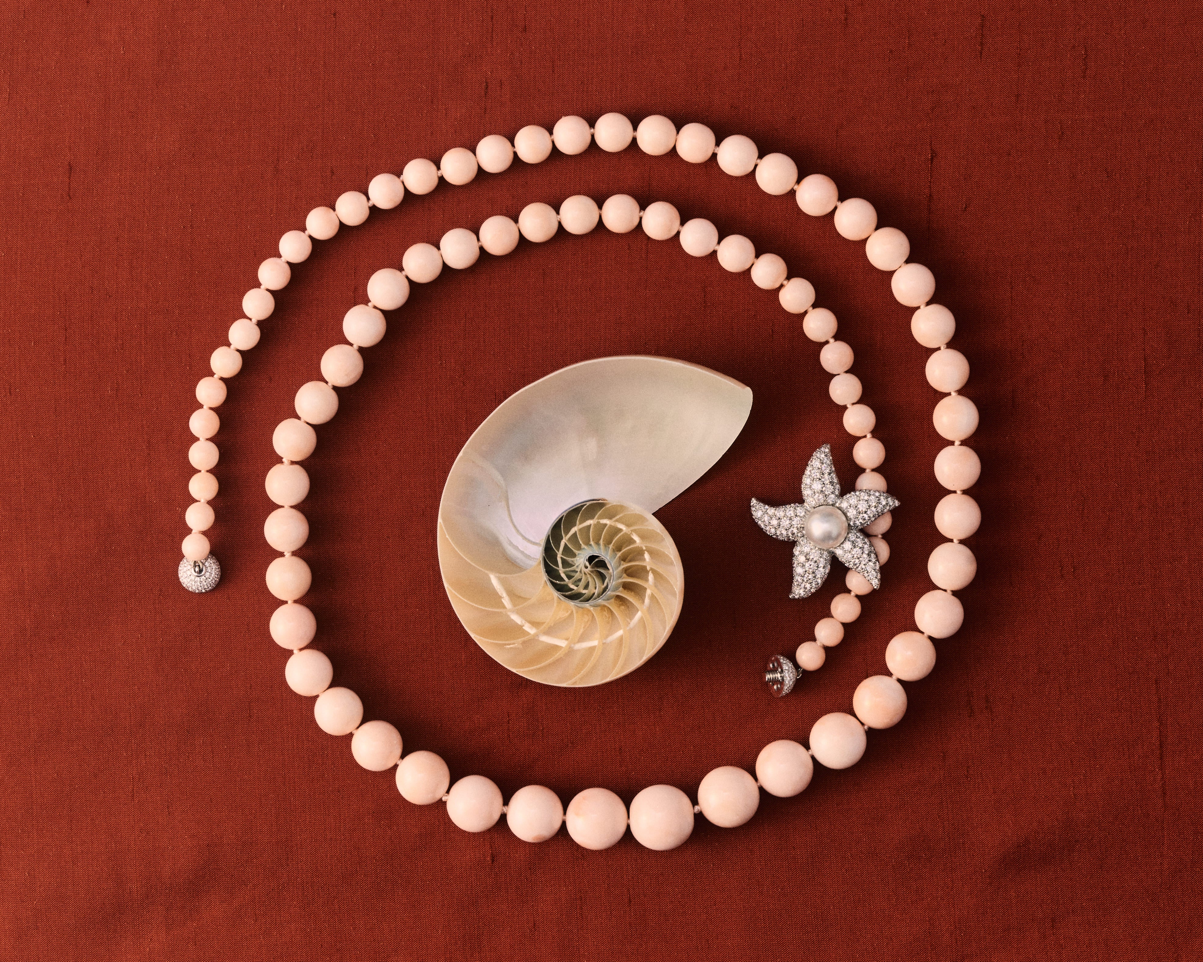 Assael 18K White Gold Angel Skin Coral & Diamond Two-Row Bead Necklace N4795 — view 2