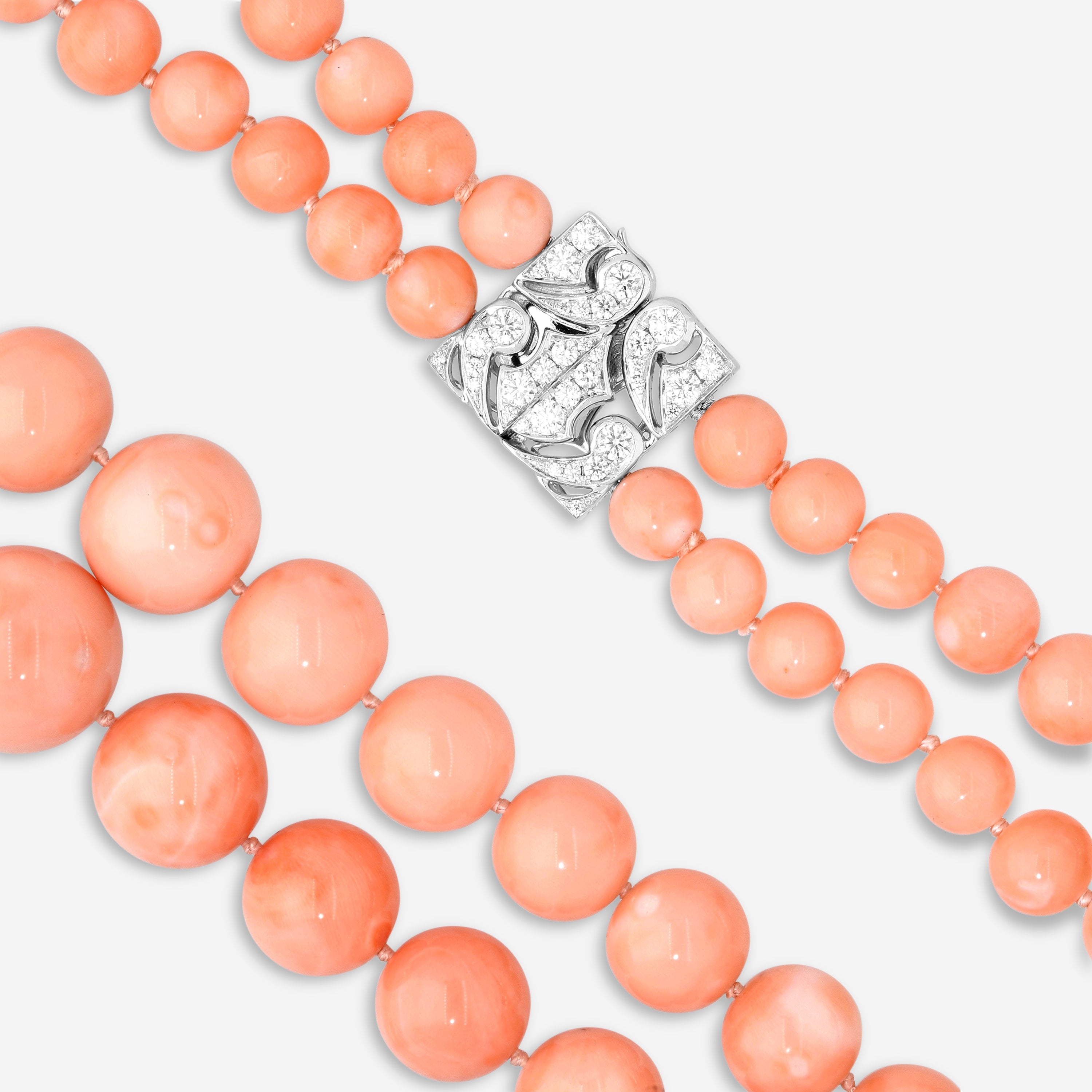 Assael 18K White Gold Angel Skin Coral & Diamond Two-Row Bead Necklace N4795 — view 4