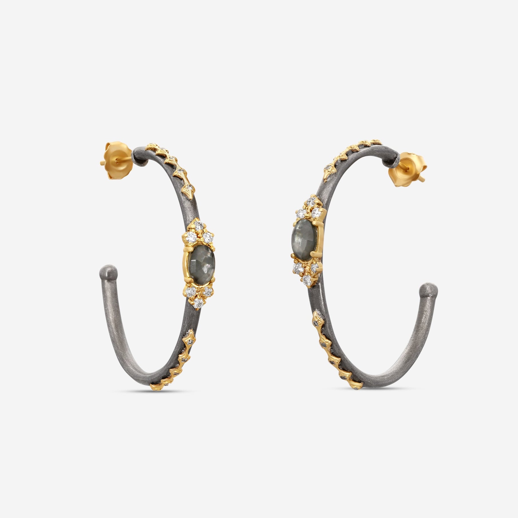 Armenta Old World 18K Yellow Gold & Grey Sterling Silver Multistone Hoop Earrings 18664 — view 2