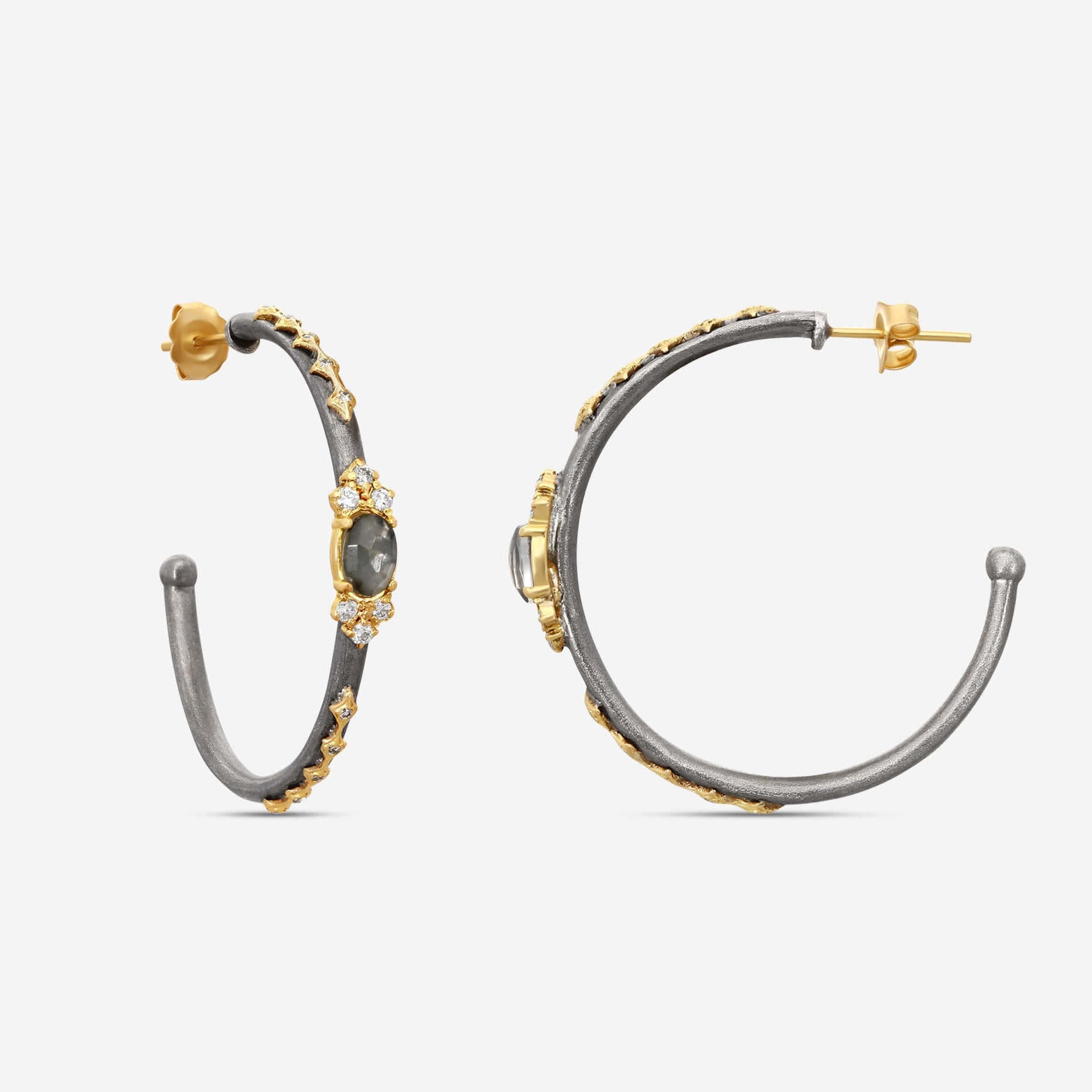 Armenta Old World 18K Yellow Gold & Grey Sterling Silver Multistone Hoop Earrings 18664 — view 3