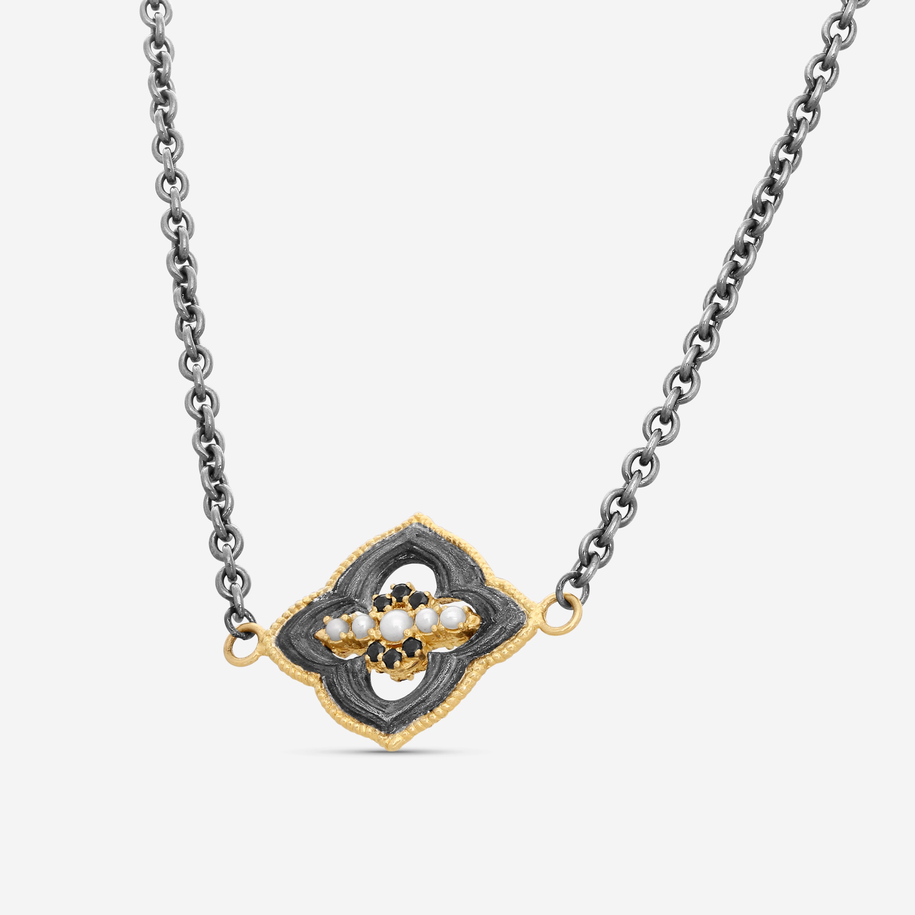 Armenta 18K Yellow Gold & Blackened Sterling Silver White Pearl & Black Sapphire Station Necklace 19581 — view 2