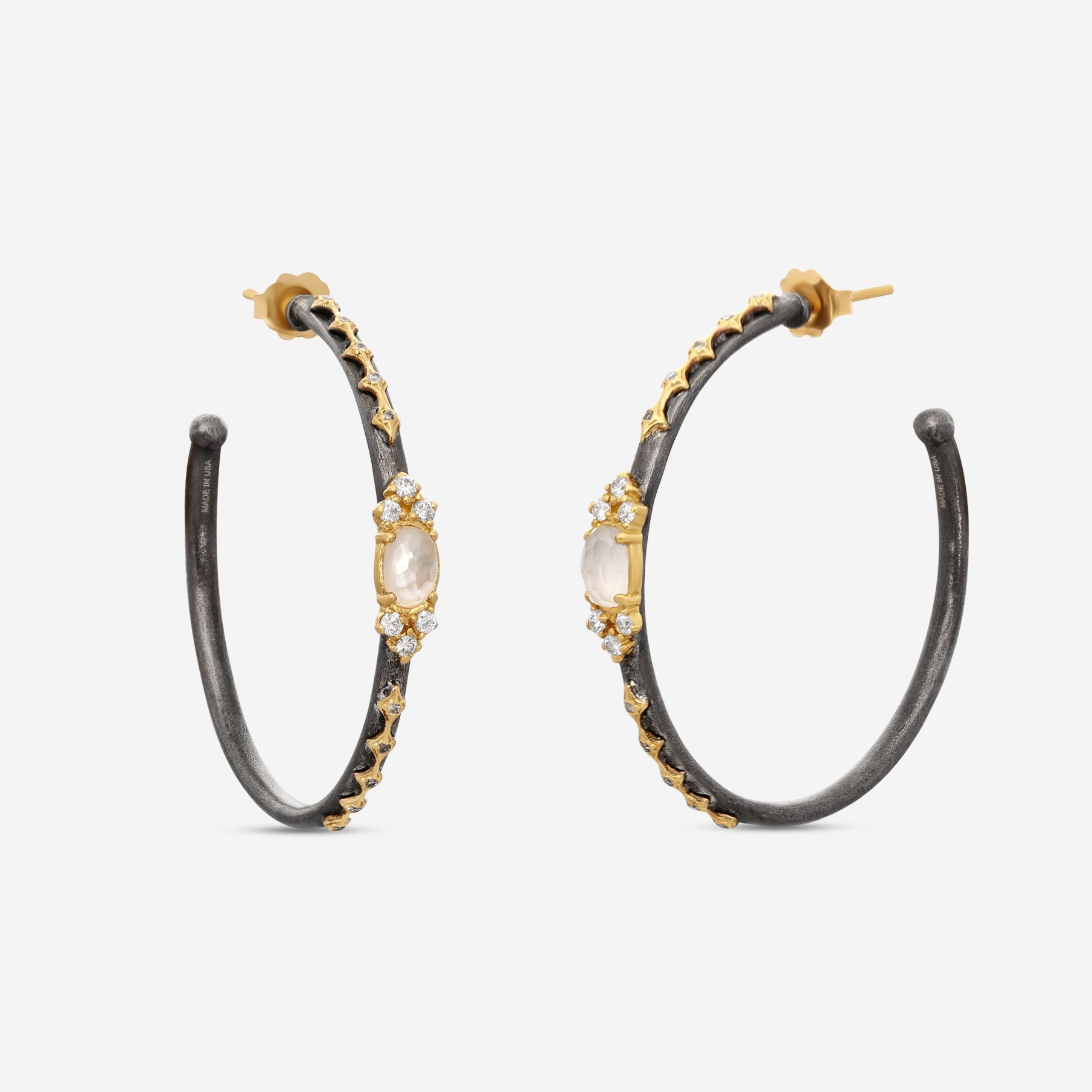 Armenta Old World 18K Yellow Gold & Grey Sterling Silver Diamond, Mother of Pearl & White Quartz Hoop Earrings 18663 — view 2