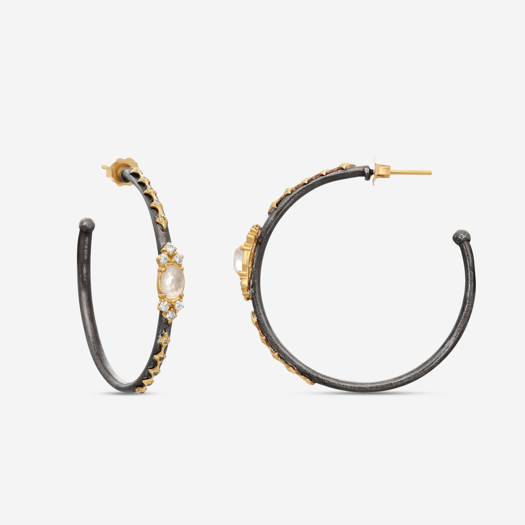Armenta Old World 18K Yellow Gold & Grey Sterling Silver Diamond, Mother of Pearl & White Quartz Hoop Earrings 18663 — view 3