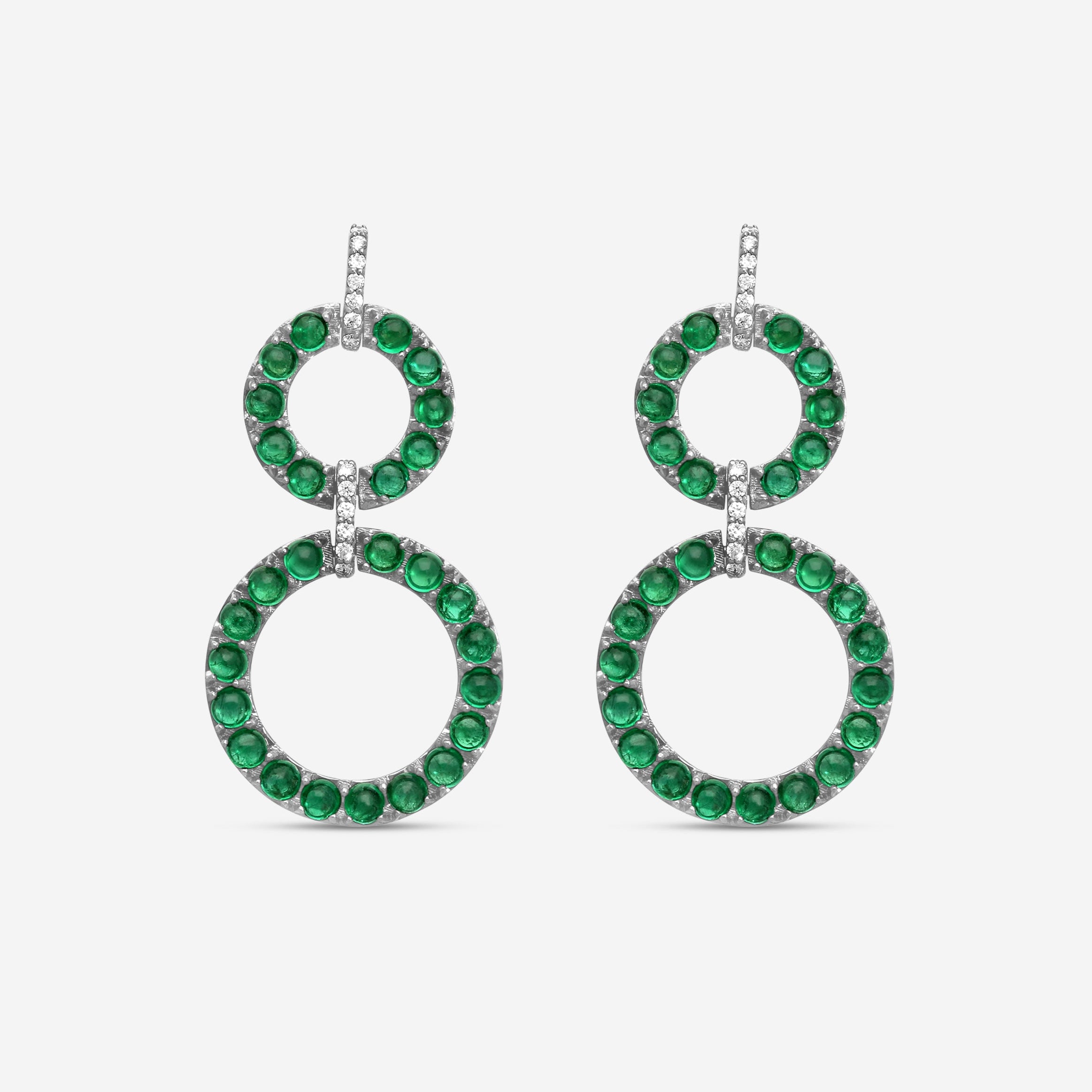 Goshwara G-One 18K White Gold Emerald Cabochon & Diamond Two-Row Earrings JE0519-EMW
