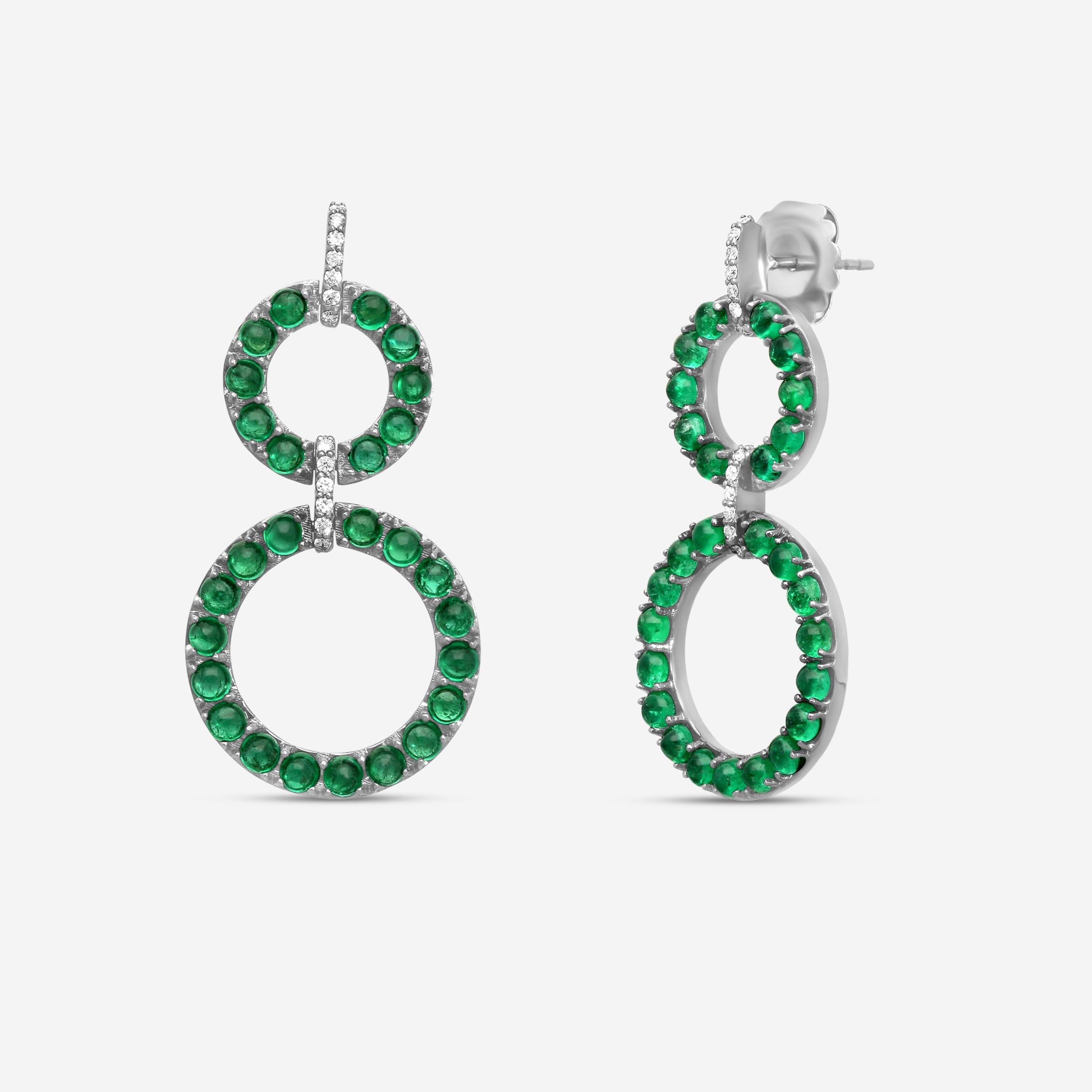 Goshwara G-One 18K White Gold Emerald Cabochon & Diamond Two-Row Earrings JE0519-EMW — view 2