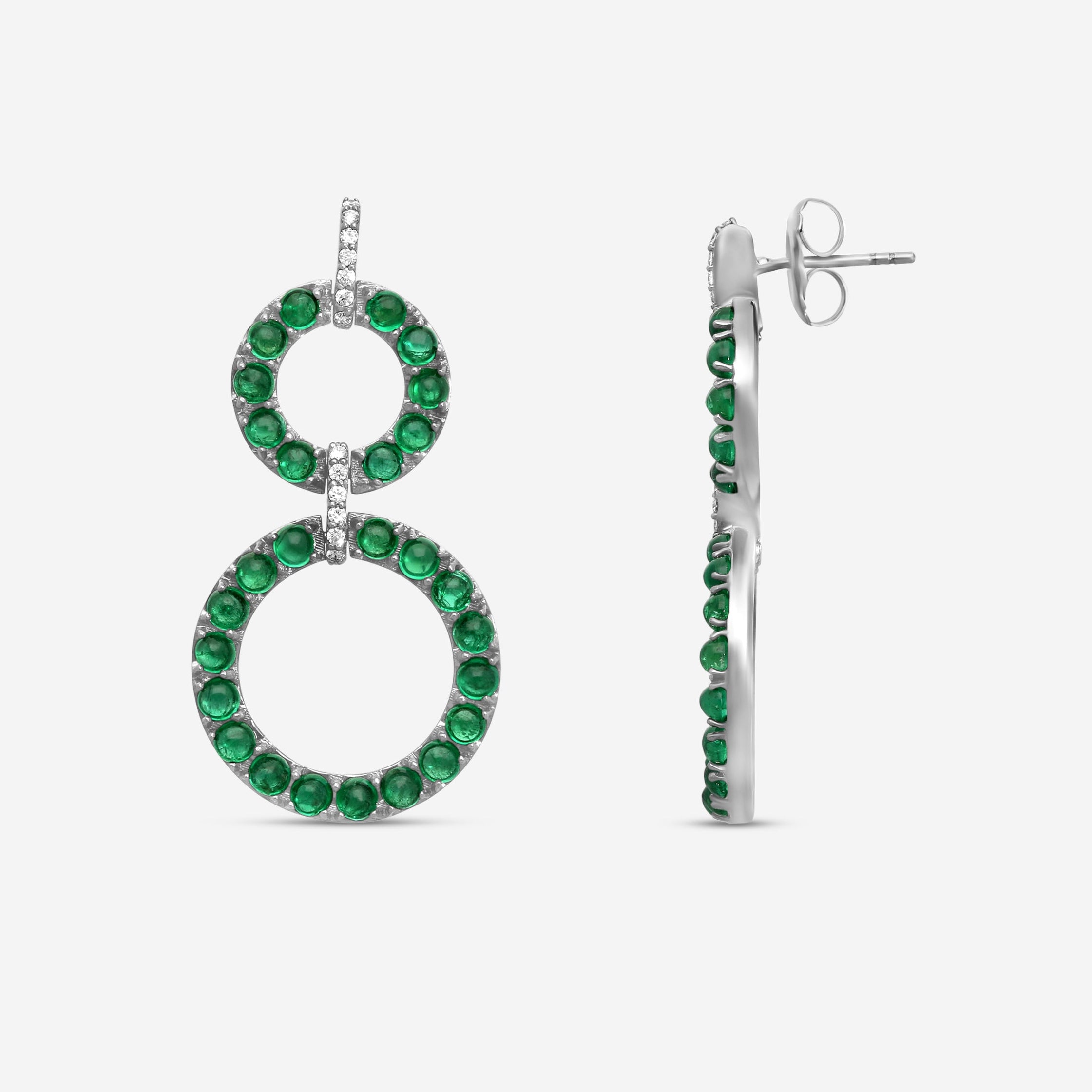 Goshwara G-One 18K White Gold Emerald Cabochon & Diamond Two-Row Earrings JE0519-EMW — view 3