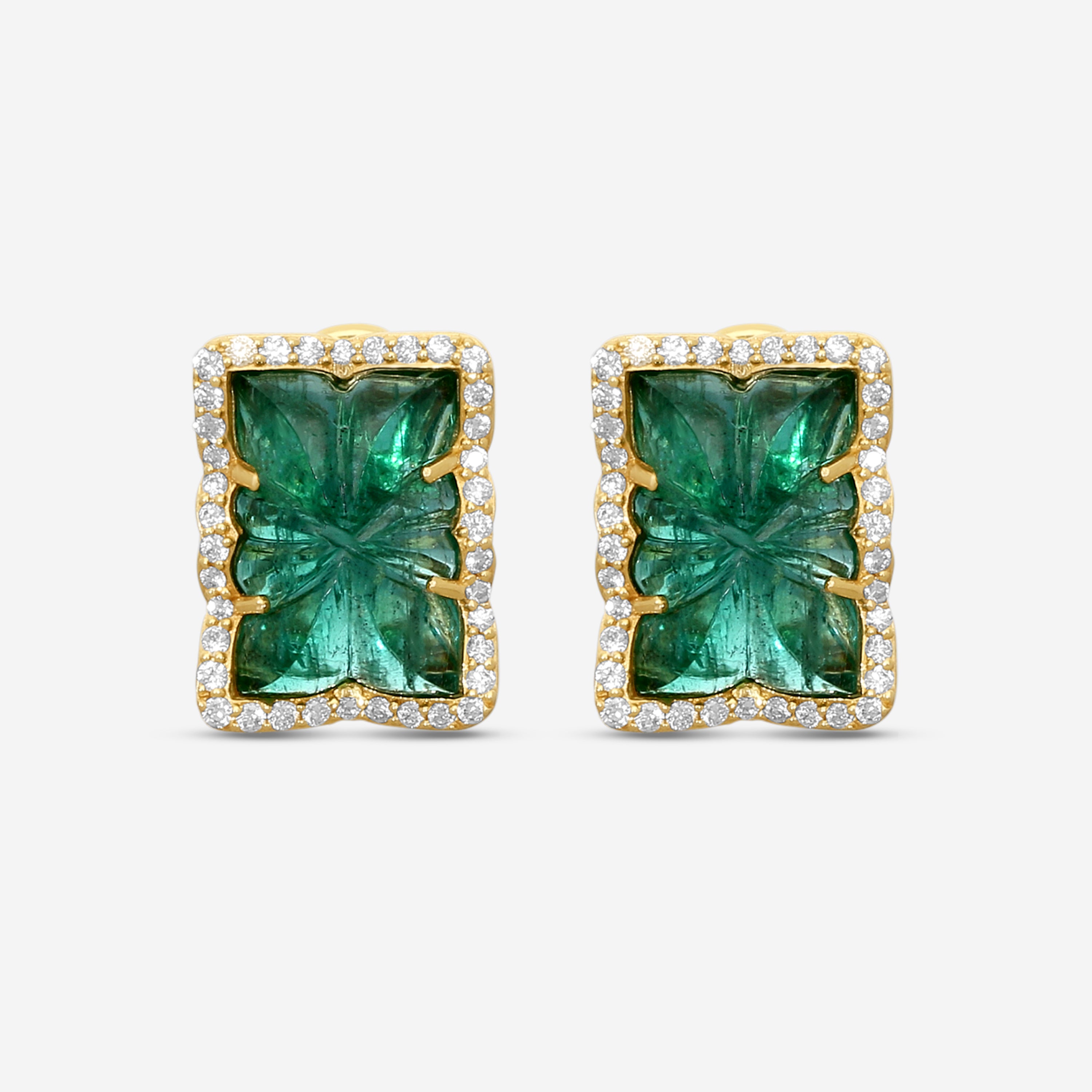 Goshwara G-One 18K Yellow Gold Carved Emerald & Diamond Earrings JE0518-EM-Y