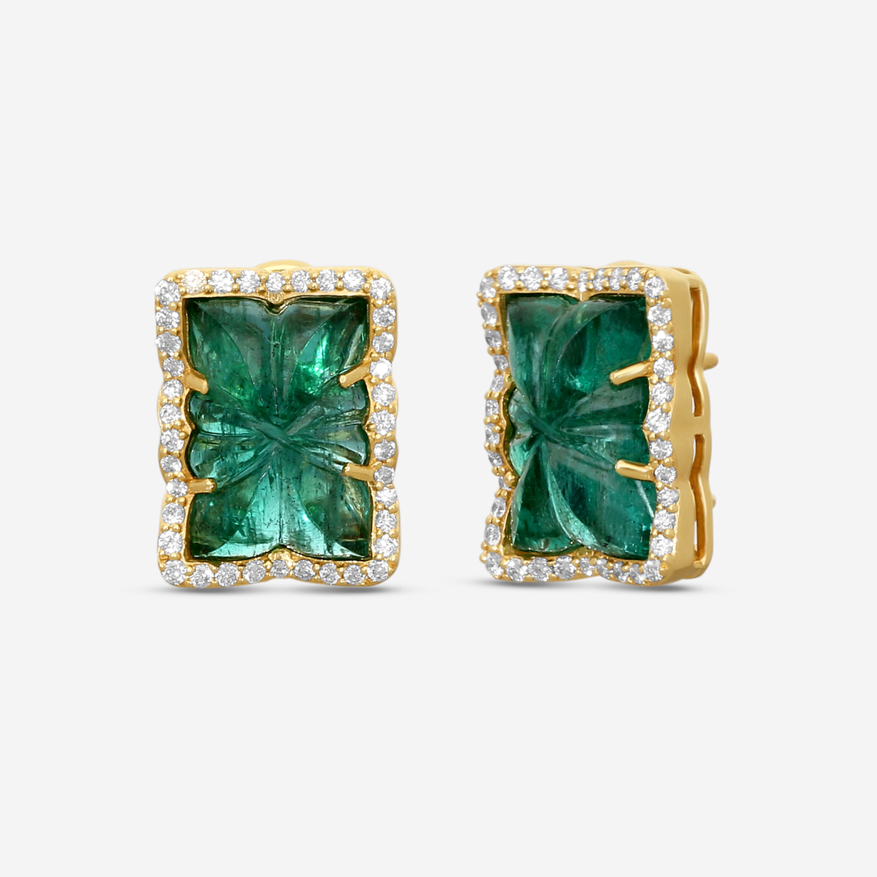 Goshwara G-One 18K Yellow Gold Carved Emerald & Diamond Earrings JE0518-EM-Y — view 2