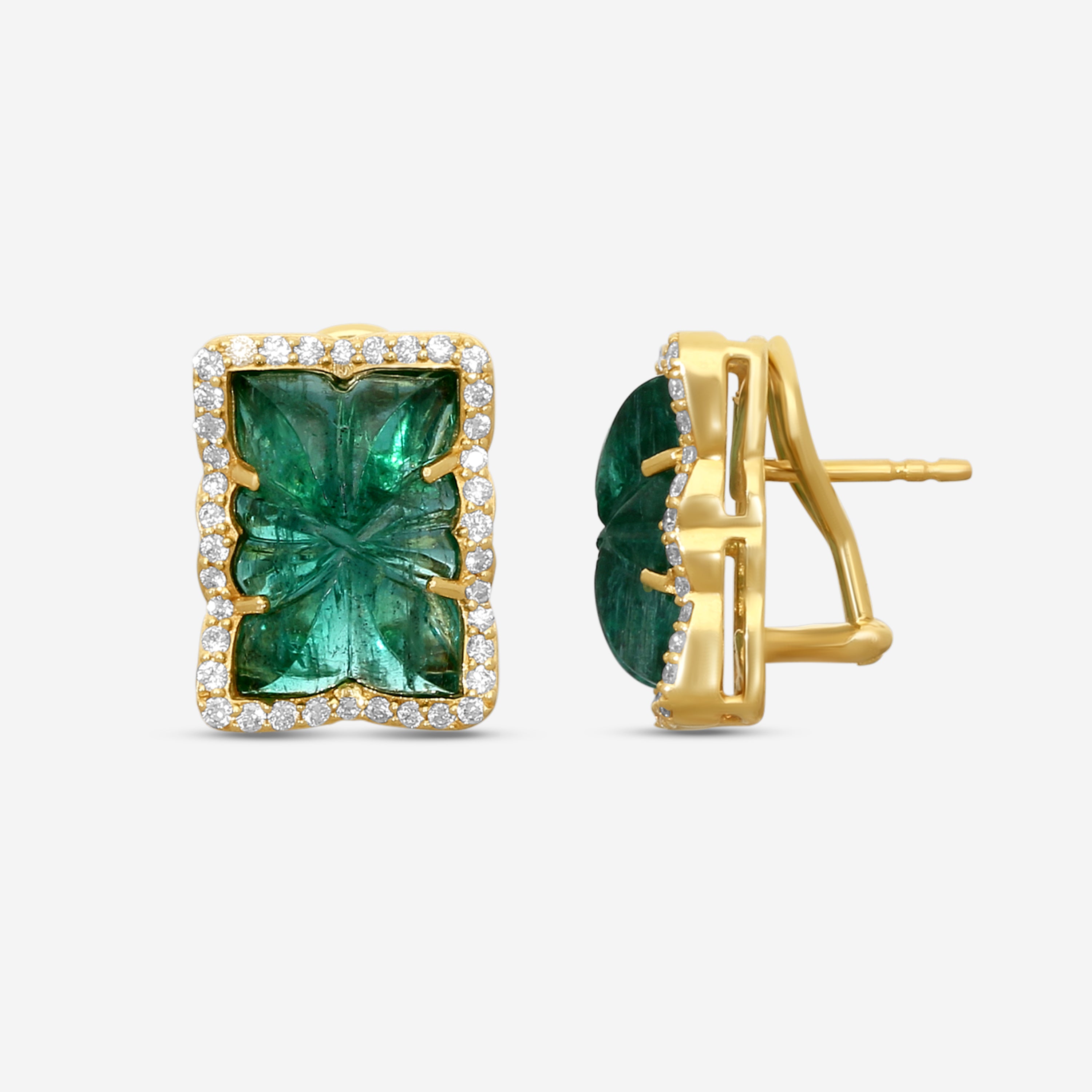 Goshwara G-One 18K Yellow Gold Carved Emerald & Diamond Earrings JE0518-EM-Y — view 3