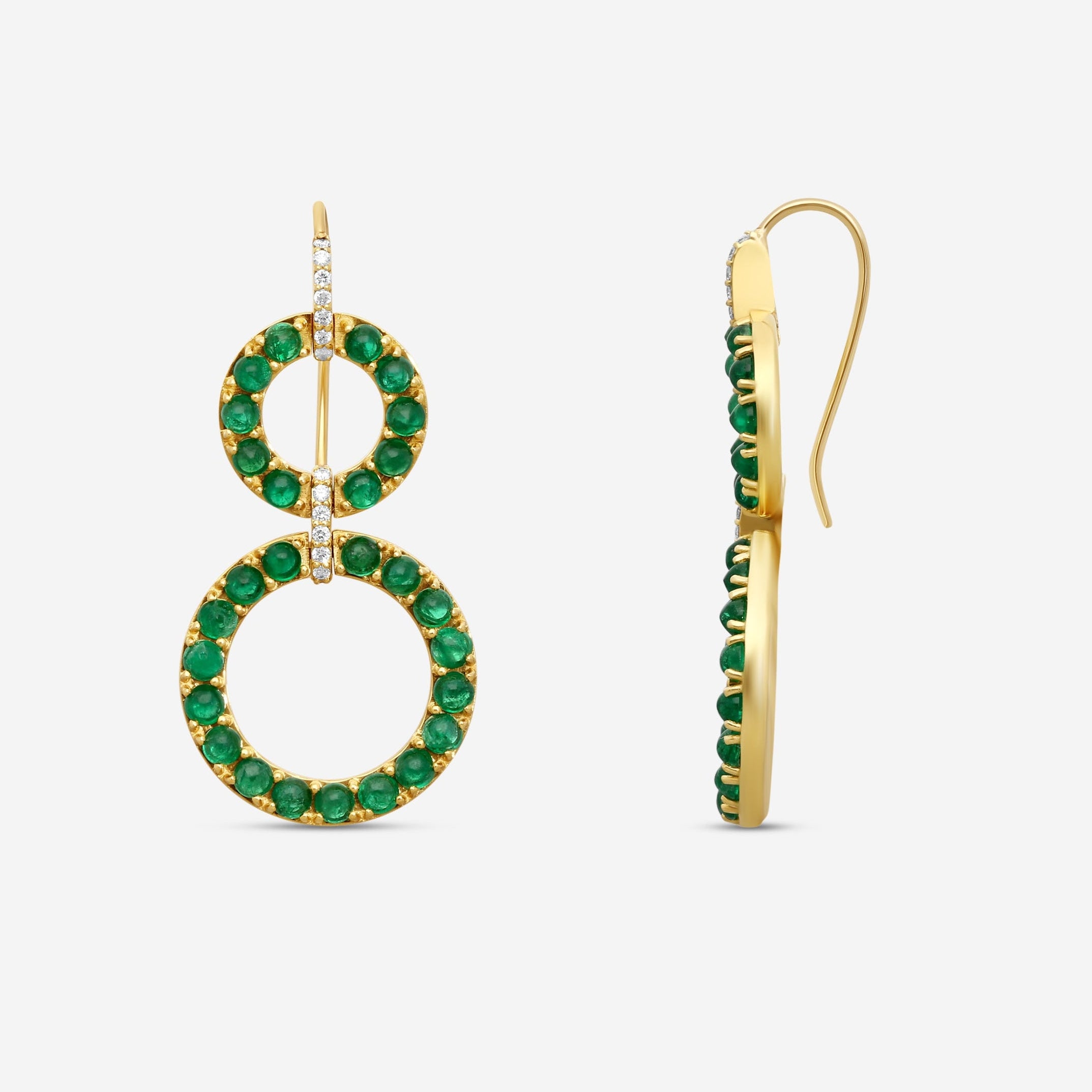 Goshwara G-One 18K Yellow Gold Emerald Cabochon & Diamond Two-Row Earrings JE0519-EMY — view 3