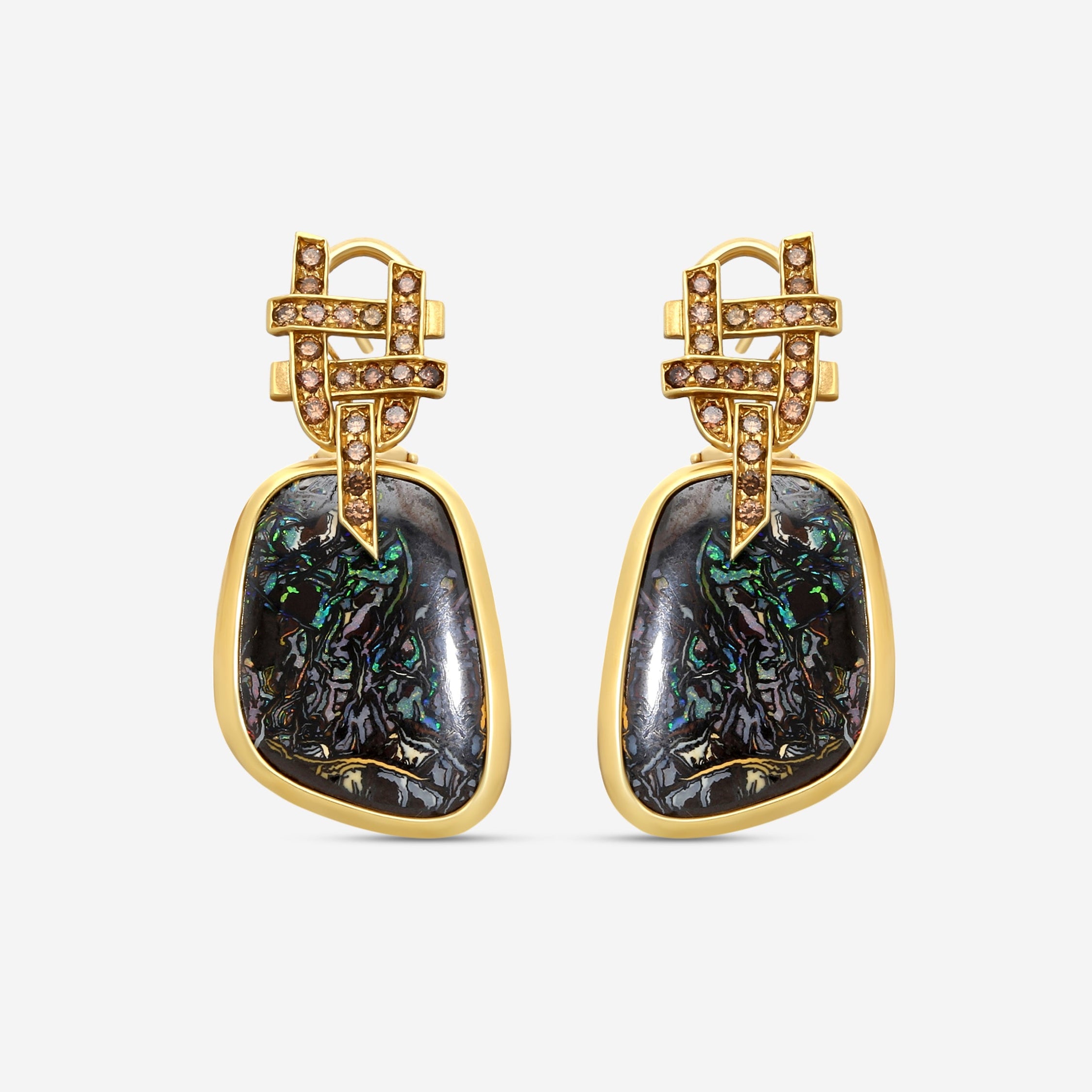 Goshwara G-One 18K Yellow Gold Yowah Nut Opal & Brown Diamond Earrings JE0141