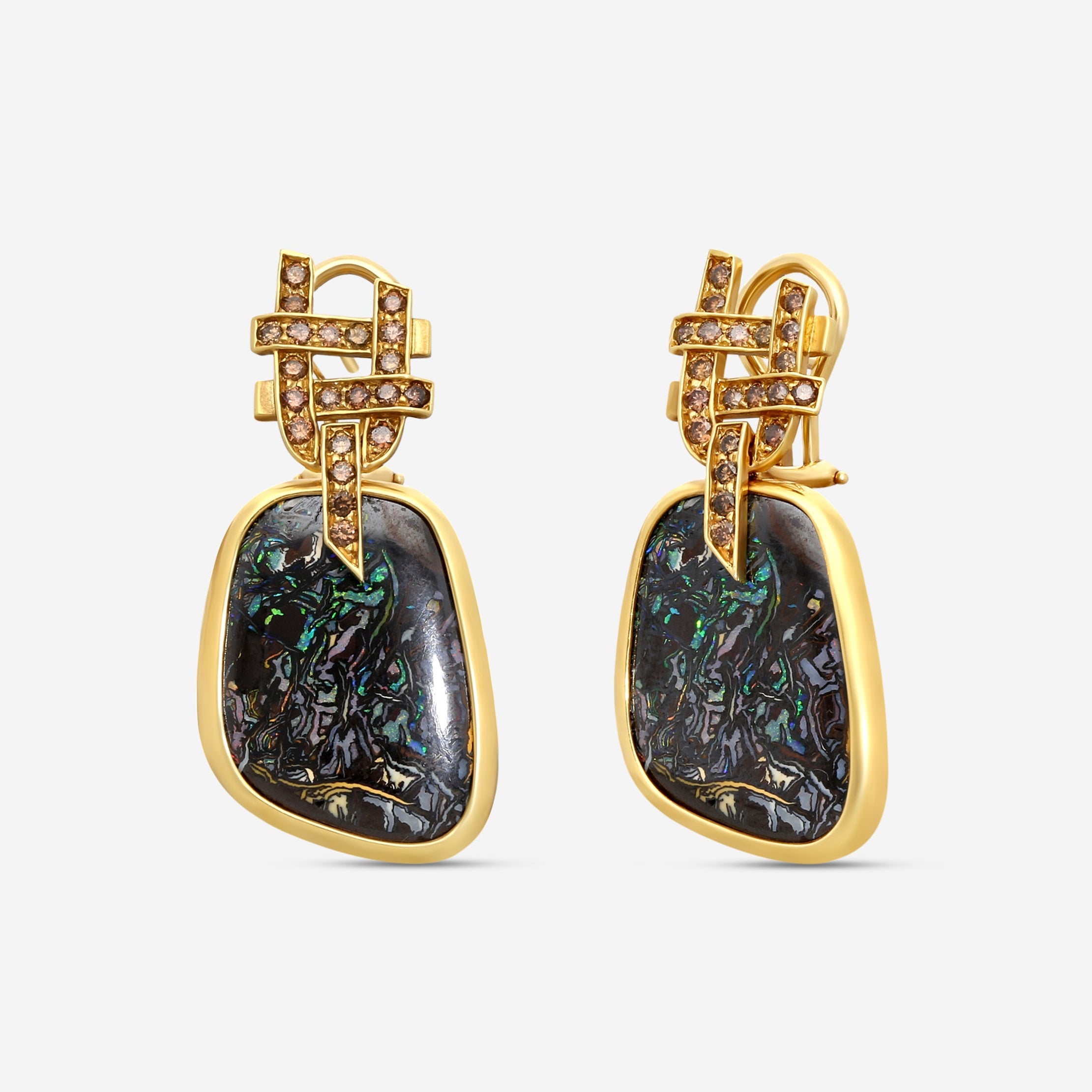 Goshwara G-One 18K Yellow Gold Yowah Nut Opal & Brown Diamond Earrings JE0141 — view 2