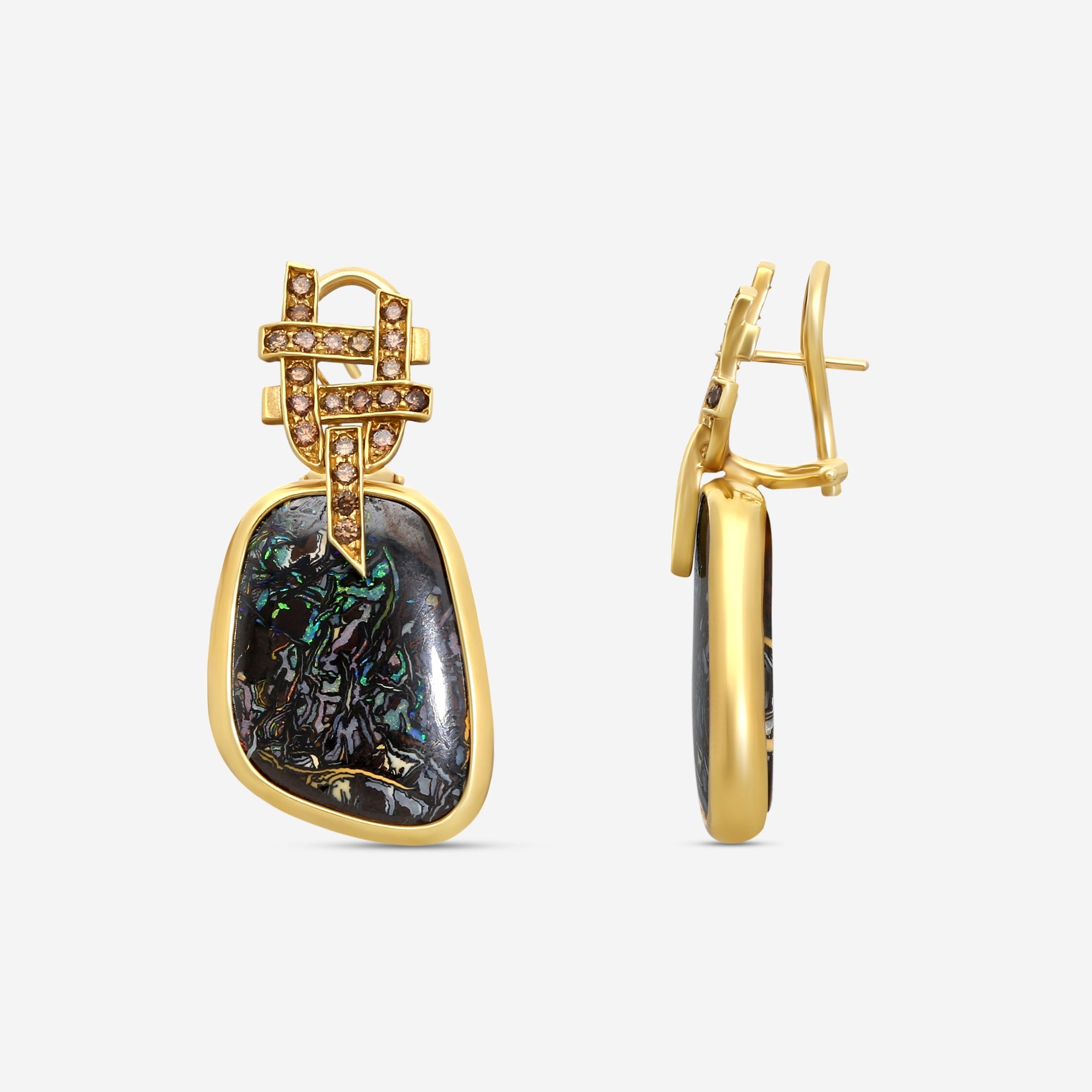 Goshwara G-One 18K Yellow Gold Yowah Nut Opal & Brown Diamond Earrings JE0141 — view 3