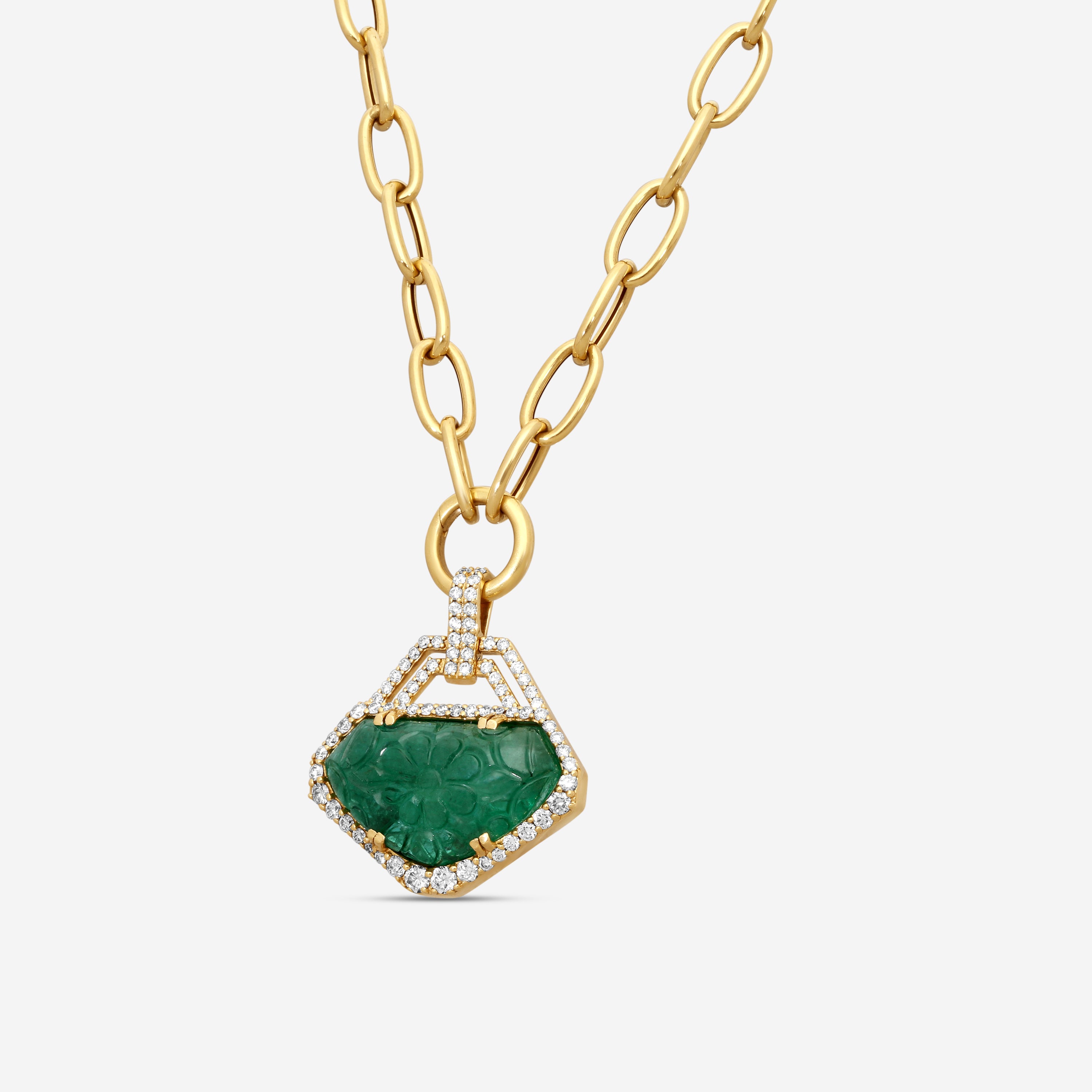 Goshwara G-One 18K Yellow Gold Carved Emerald & Diamond Pendant Necklace JP0189-EMY — view 2