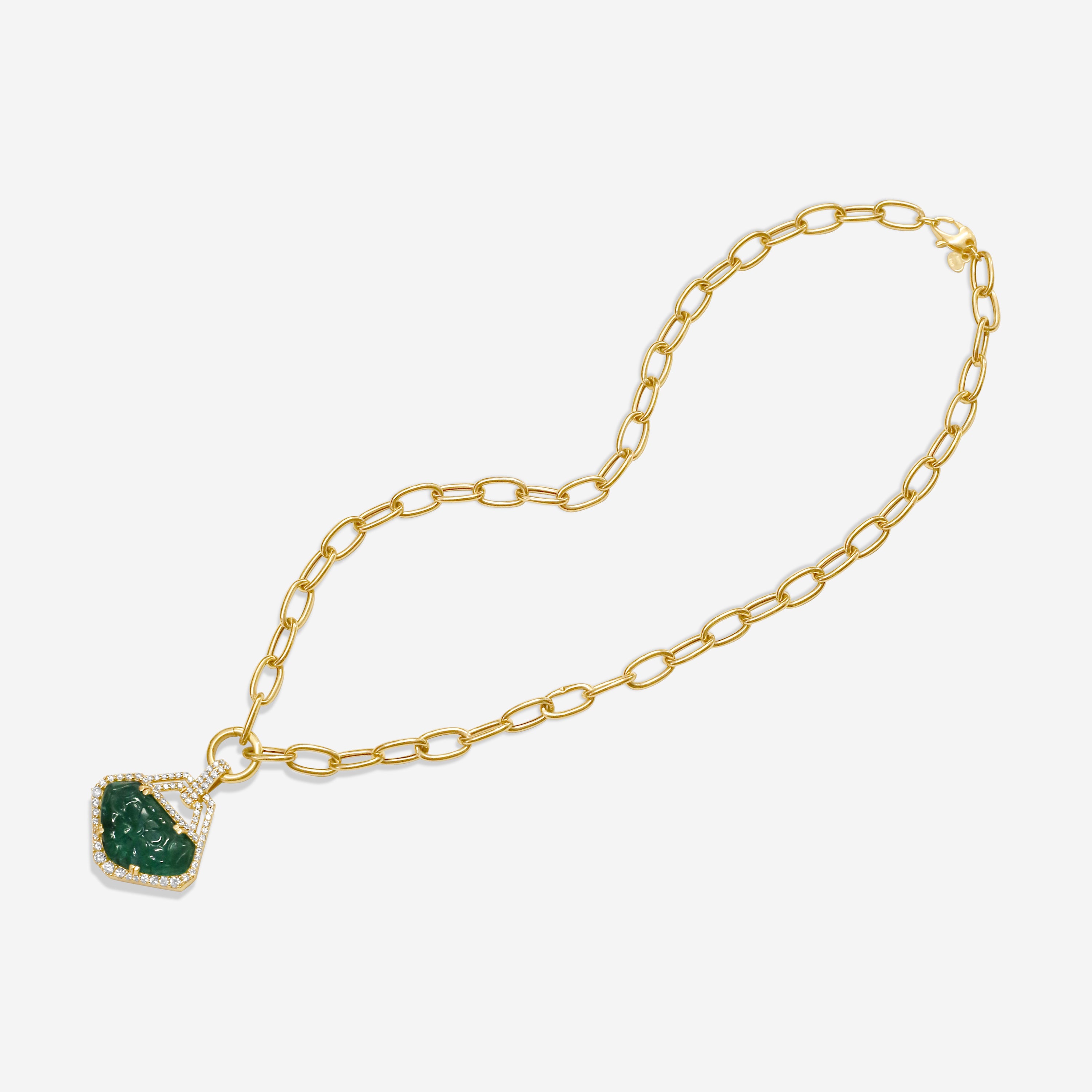 Goshwara G-One 18K Yellow Gold Carved Emerald & Diamond Pendant Necklace JP0189-EMY — view 3