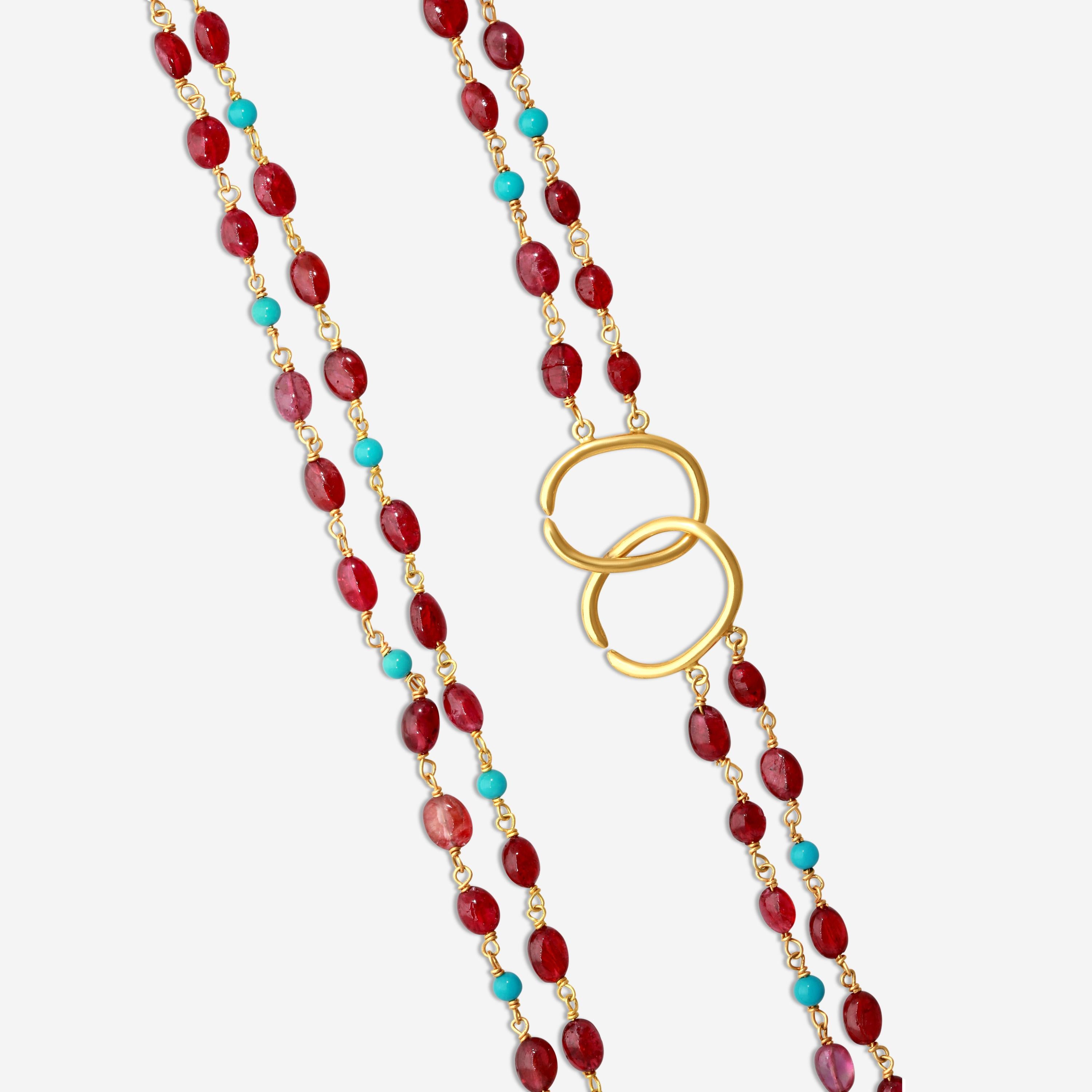 Goshwara Beyond 18K Yellow Gold Red Spinel and Turquoise Beads Necklace JN0203-SP-TQ — view 3